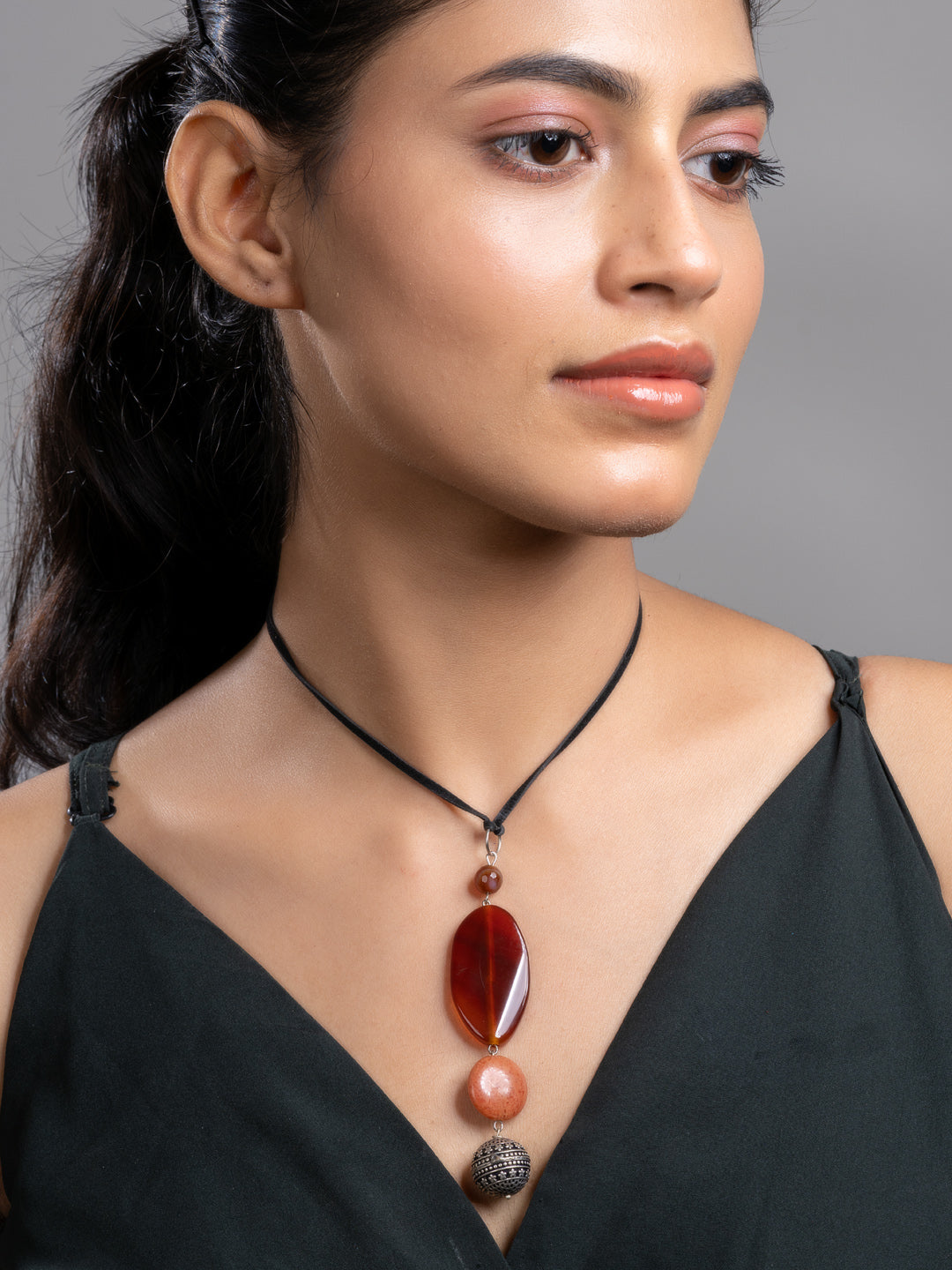 Brown Onyx Agate  Sleek Necklace With Adjustable Suede Cord LOOK AND ADORN - designed for you