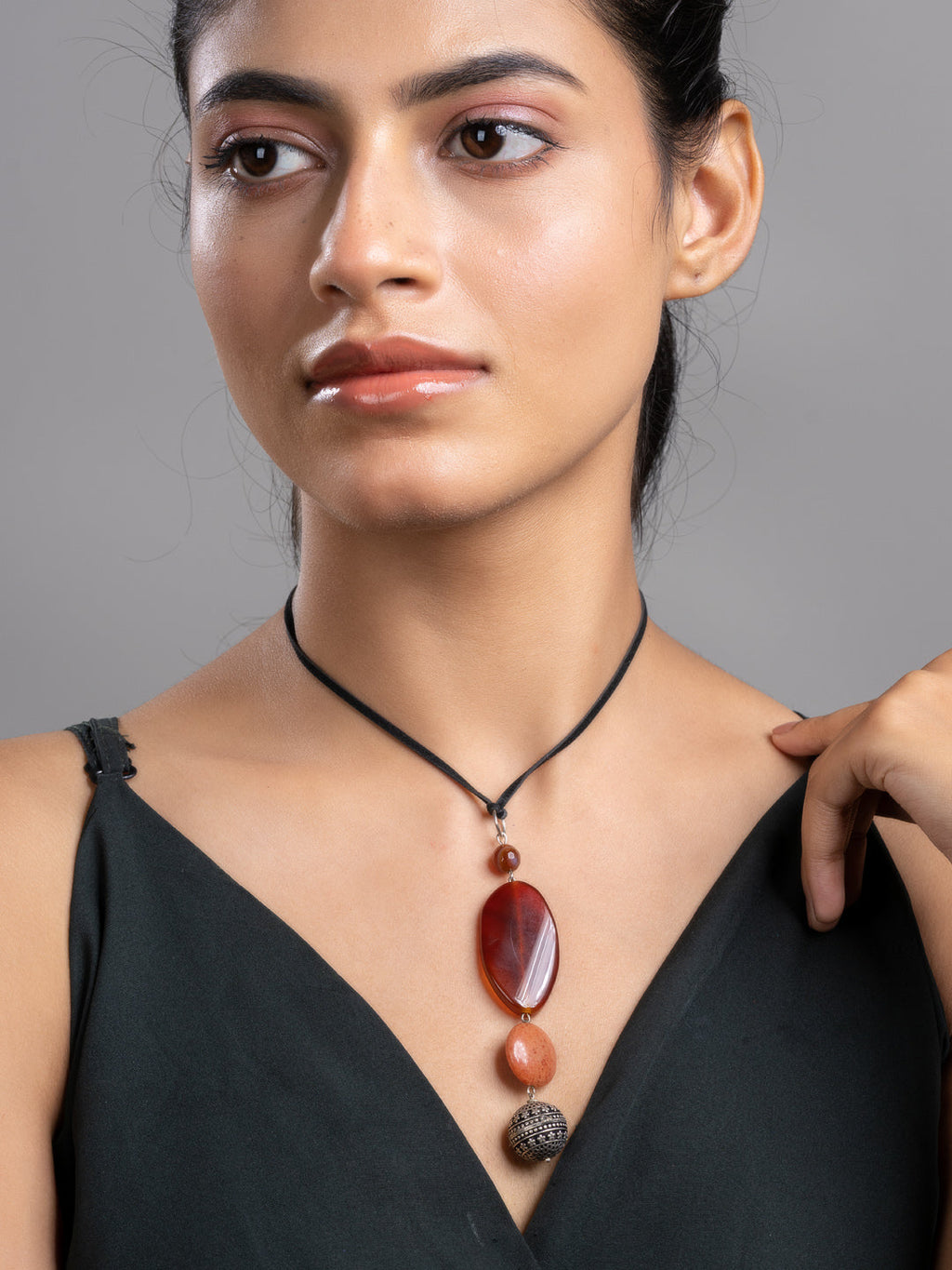 Brown Onyx Agate  Sleek Necklace With Adjustable Suede Cord LOOK AND ADORN - designed for you