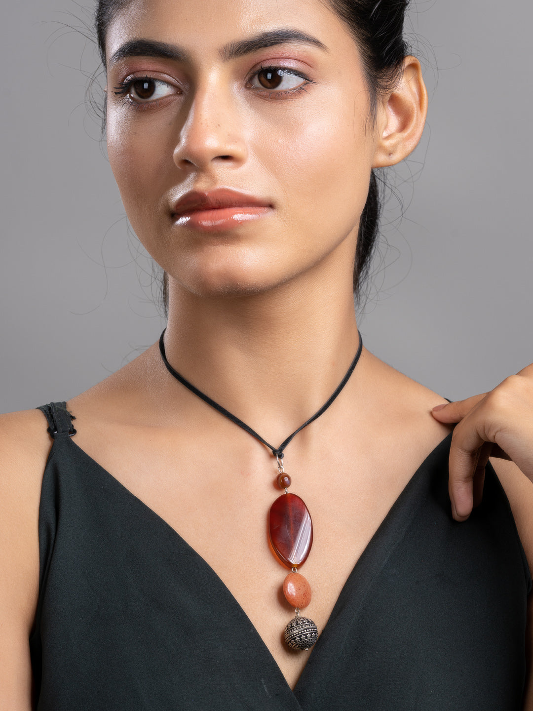 Brown Onyx Agate  Sleek Necklace With Adjustable Suede Cord LOOK AND ADORN - designed for you