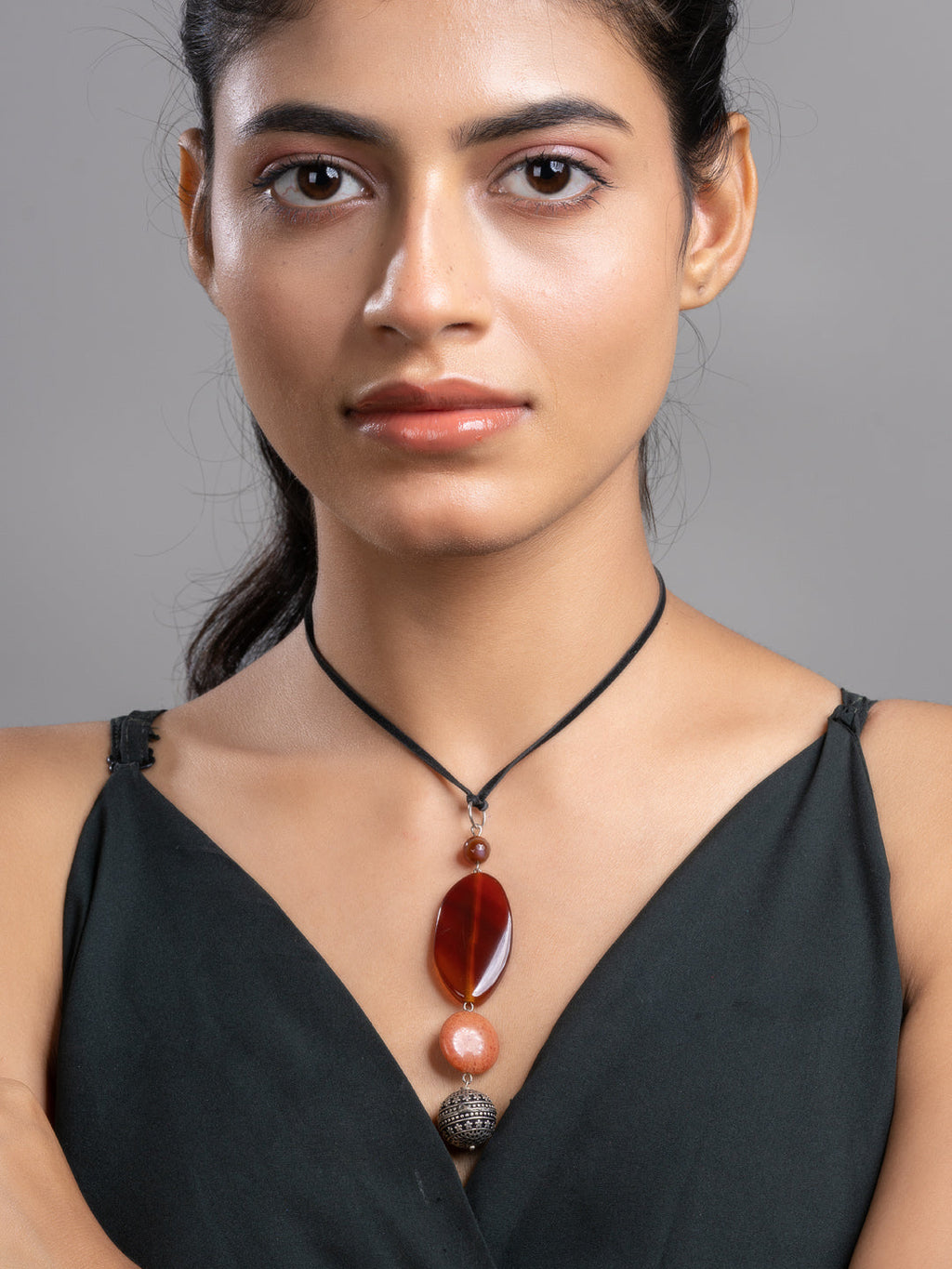 Brown Onyx Agate  Sleek Necklace With Adjustable Suede Cord LOOK AND ADORN - designed for you