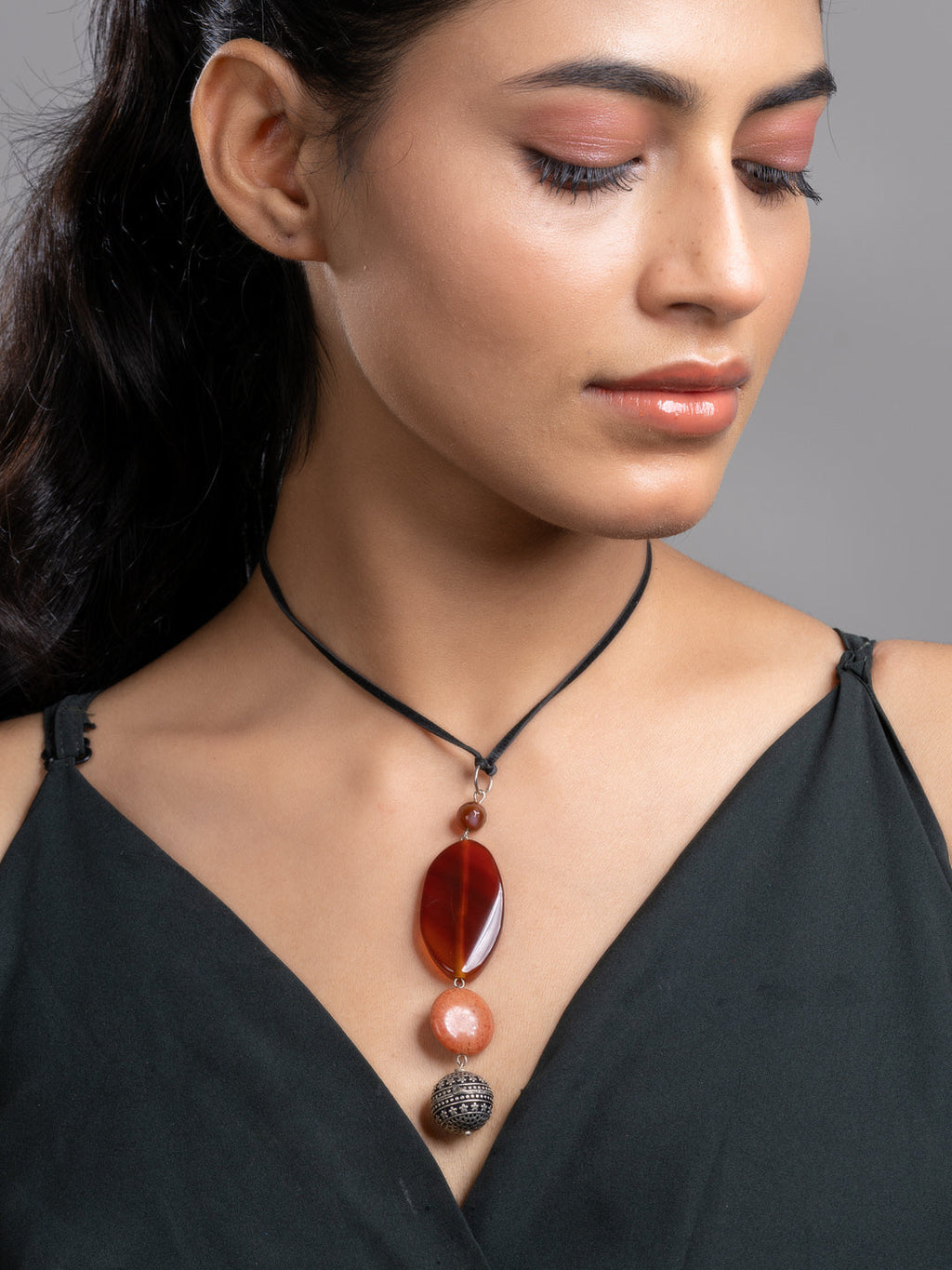 Brown Onyx Agate  Sleek Necklace With Adjustable Suede Cord LOOK AND ADORN - designed for you