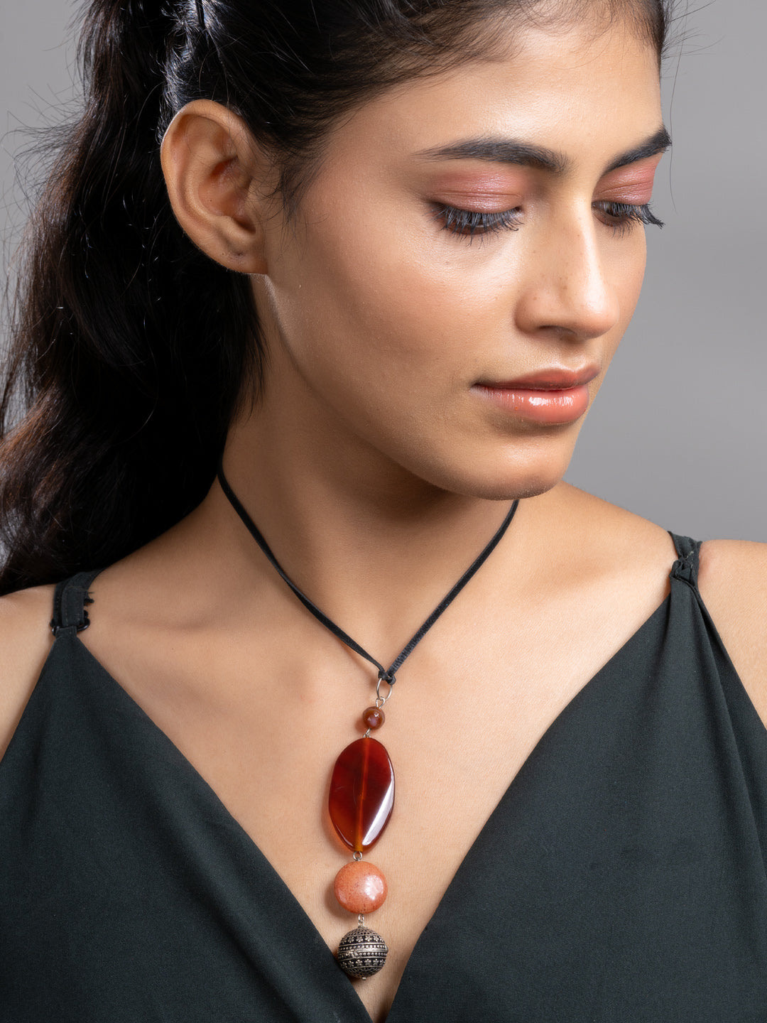 Brown Onyx Agate  Sleek Necklace With Adjustable Suede Cord LOOK AND ADORN - designed for you