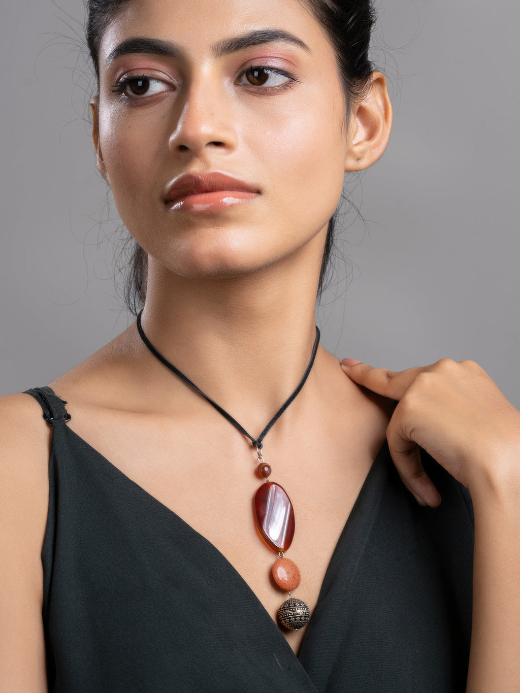 Brown Onyx Agate  Sleek Necklace With Adjustable Suede Cord LOOK AND ADORN - designed for you
