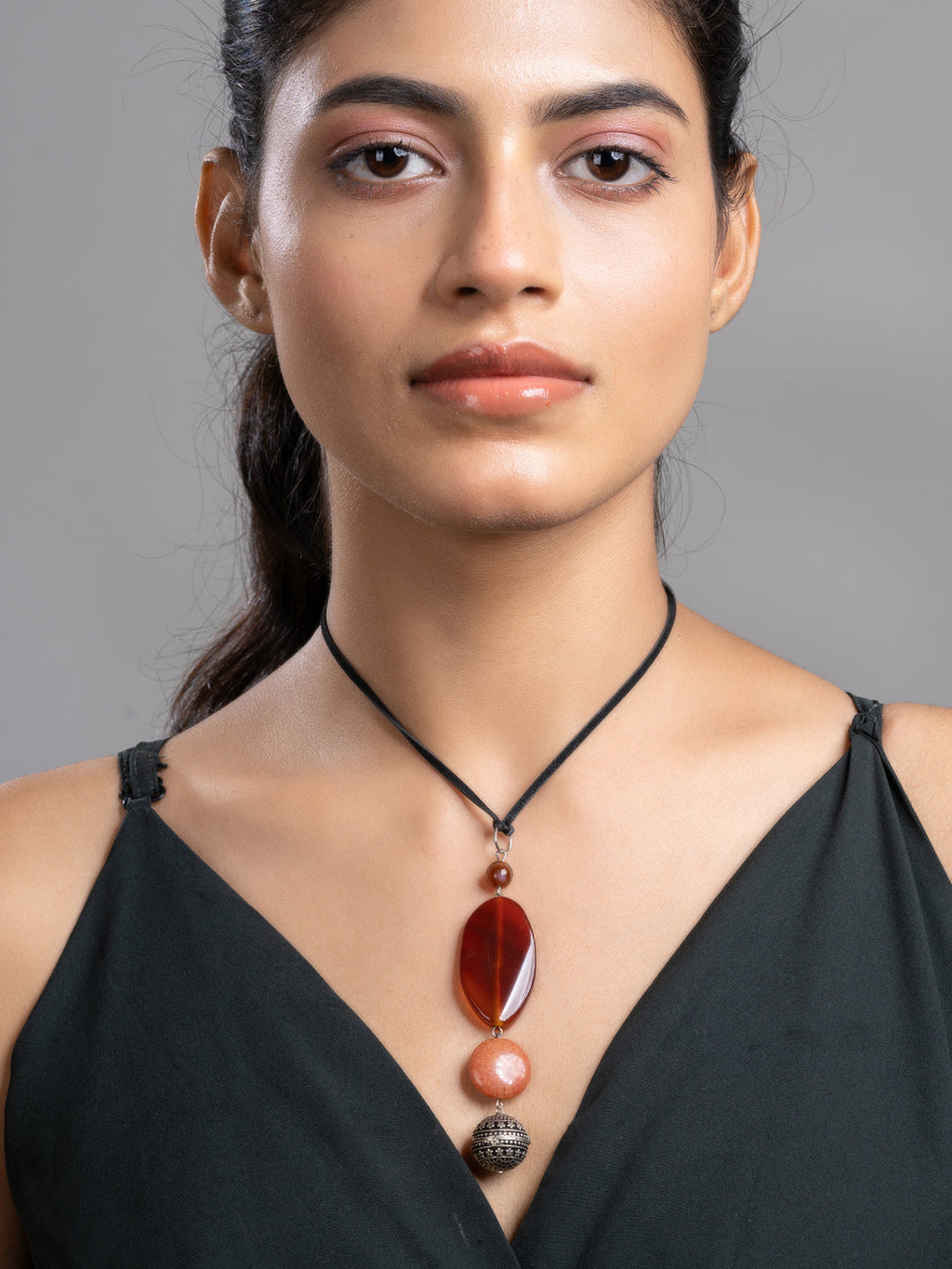 Brown Onyx Agate  Sleek Necklace With Adjustable Suede Cord LOOK AND ADORN - designed for you