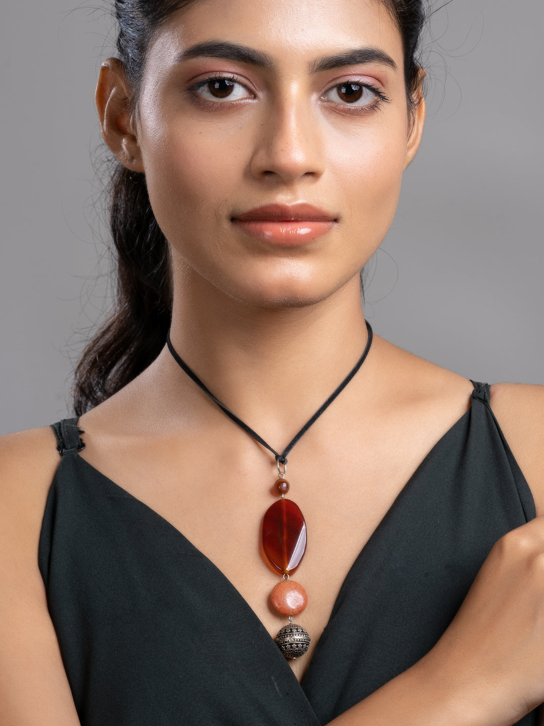 Brown Onyx Agate  Sleek Necklace With Adjustable Suede Cord LOOK AND ADORN - designed for you