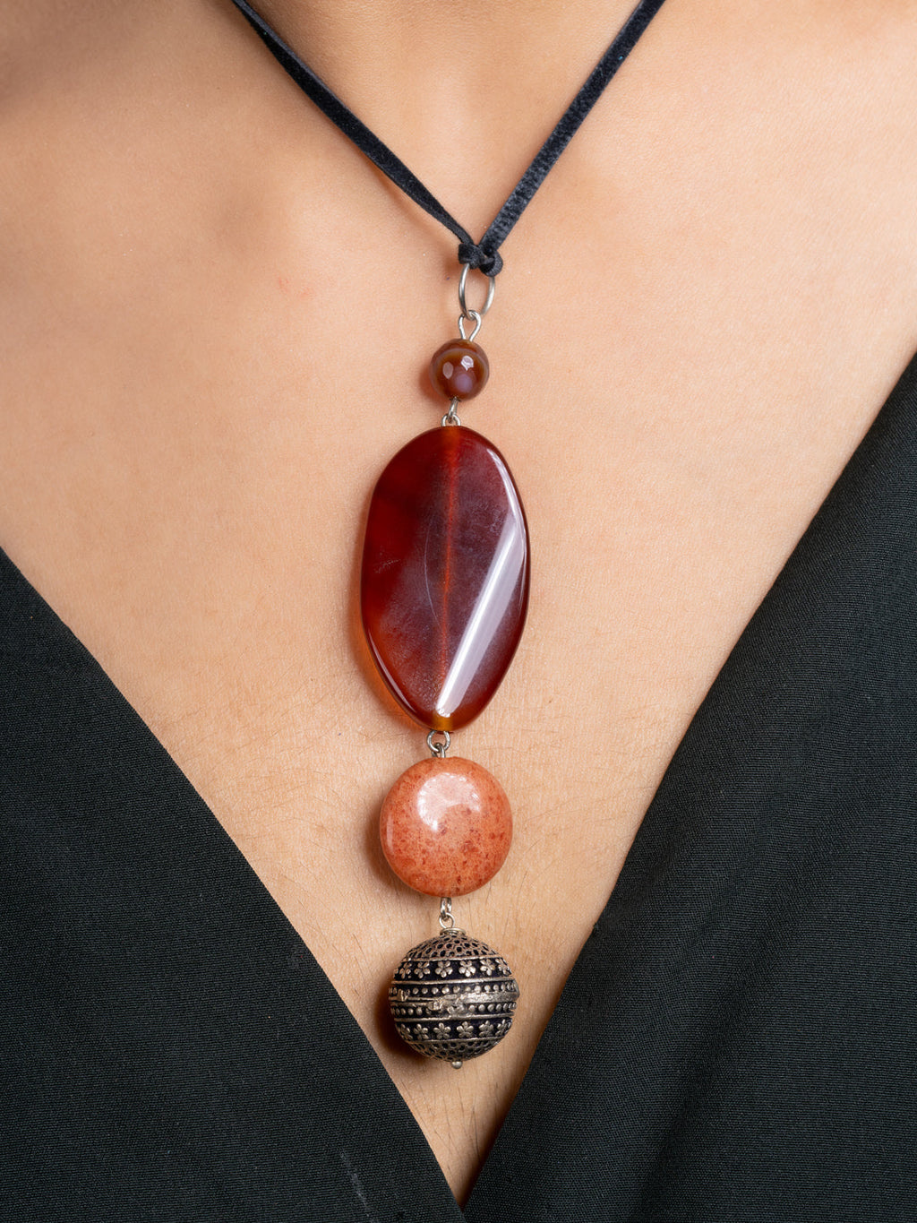 Brown Onyx Agate  Sleek Necklace With Adjustable Suede Cord LOOK AND ADORN - designed for you