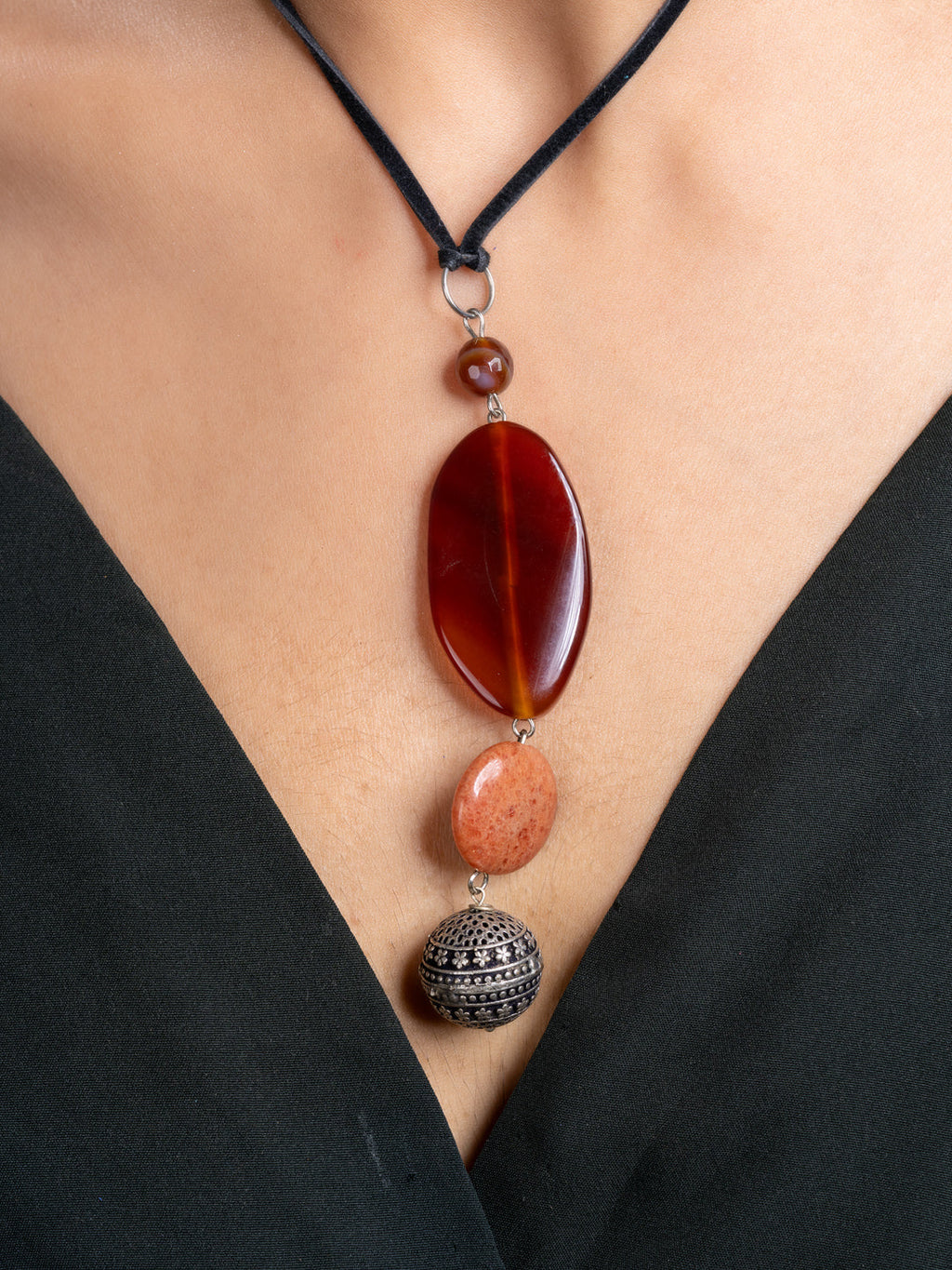 Brown Onyx Agate  Sleek Necklace With Adjustable Suede Cord LOOK AND ADORN - designed for you