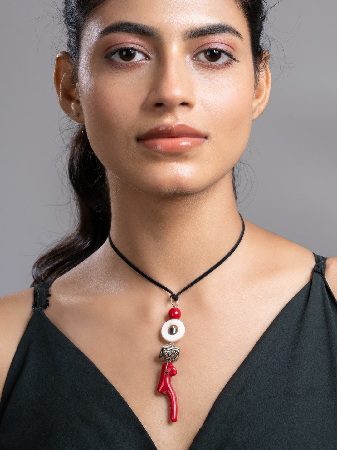 Red Black White Mother Of Pearl Coral Hematite Onyx Sleek Necklace With Adjustable Suede Cord