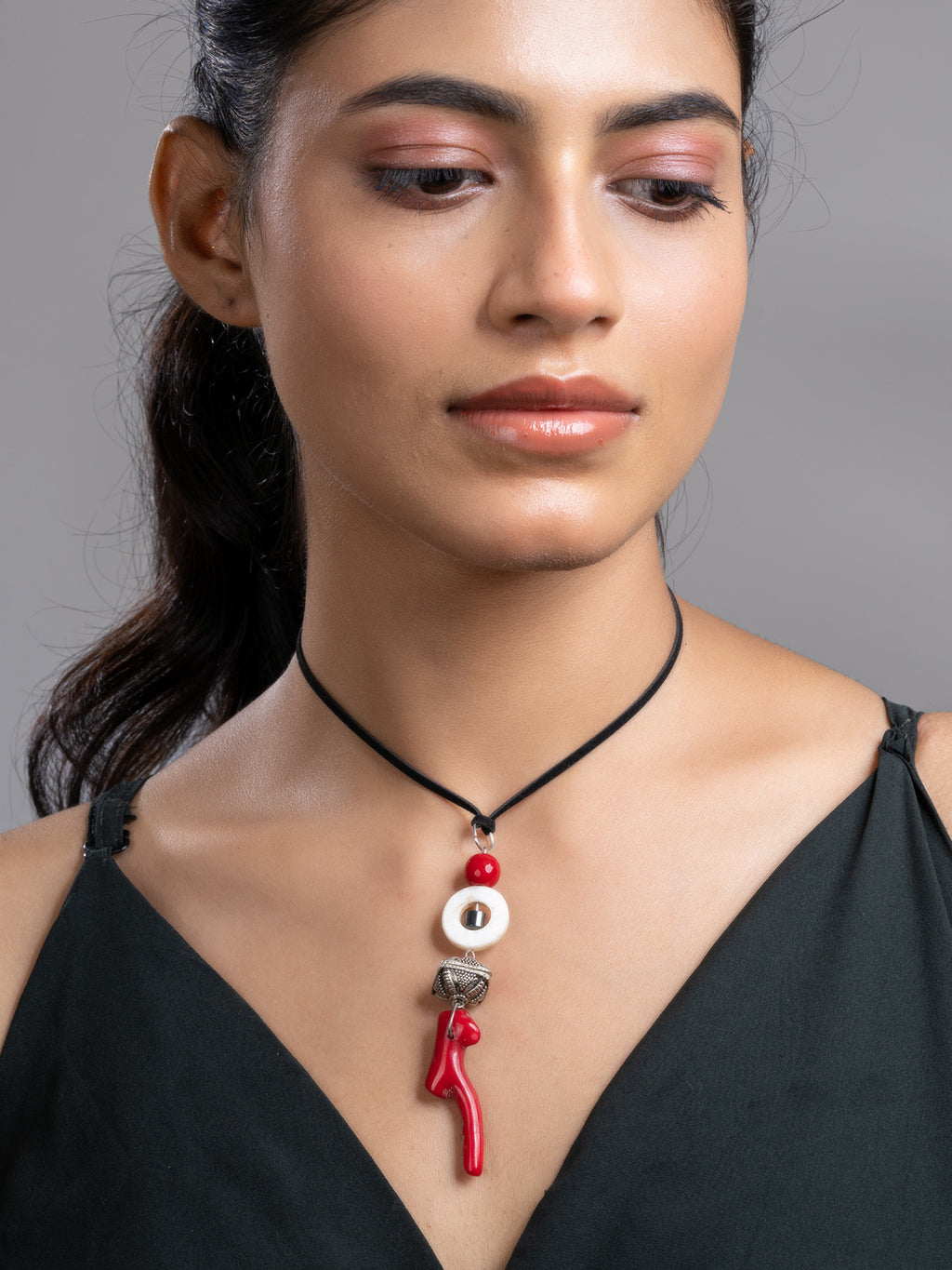 Red Black White Mother Of Pearl Coral Hematite Onyx Sleek Necklace With Adjustable Suede Cord