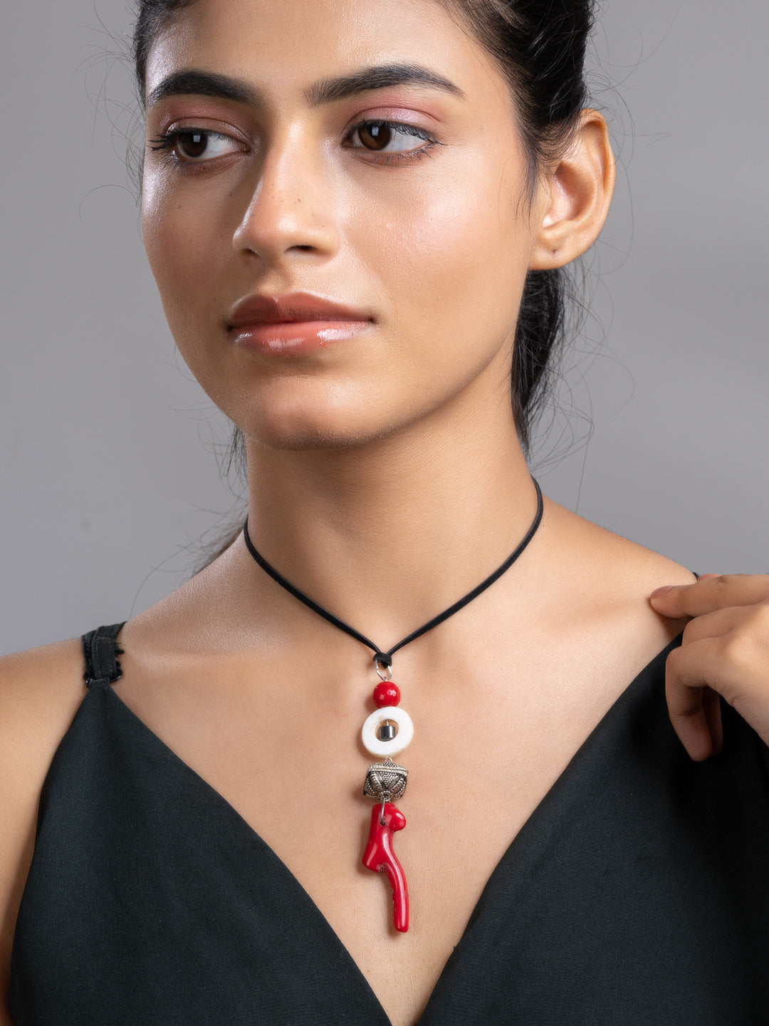 Red Black White Mother Of Pearl Coral Hematite Onyx Sleek Necklace With Adjustable Suede Cord