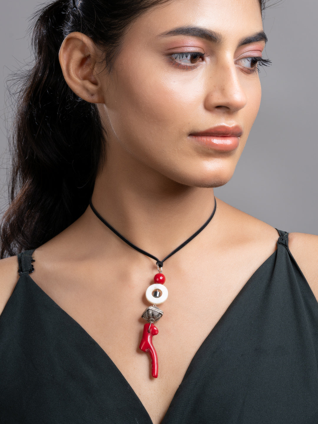 Red Black White Mother Of Pearl Coral Hematite Onyx Sleek Necklace With Adjustable Suede Cord