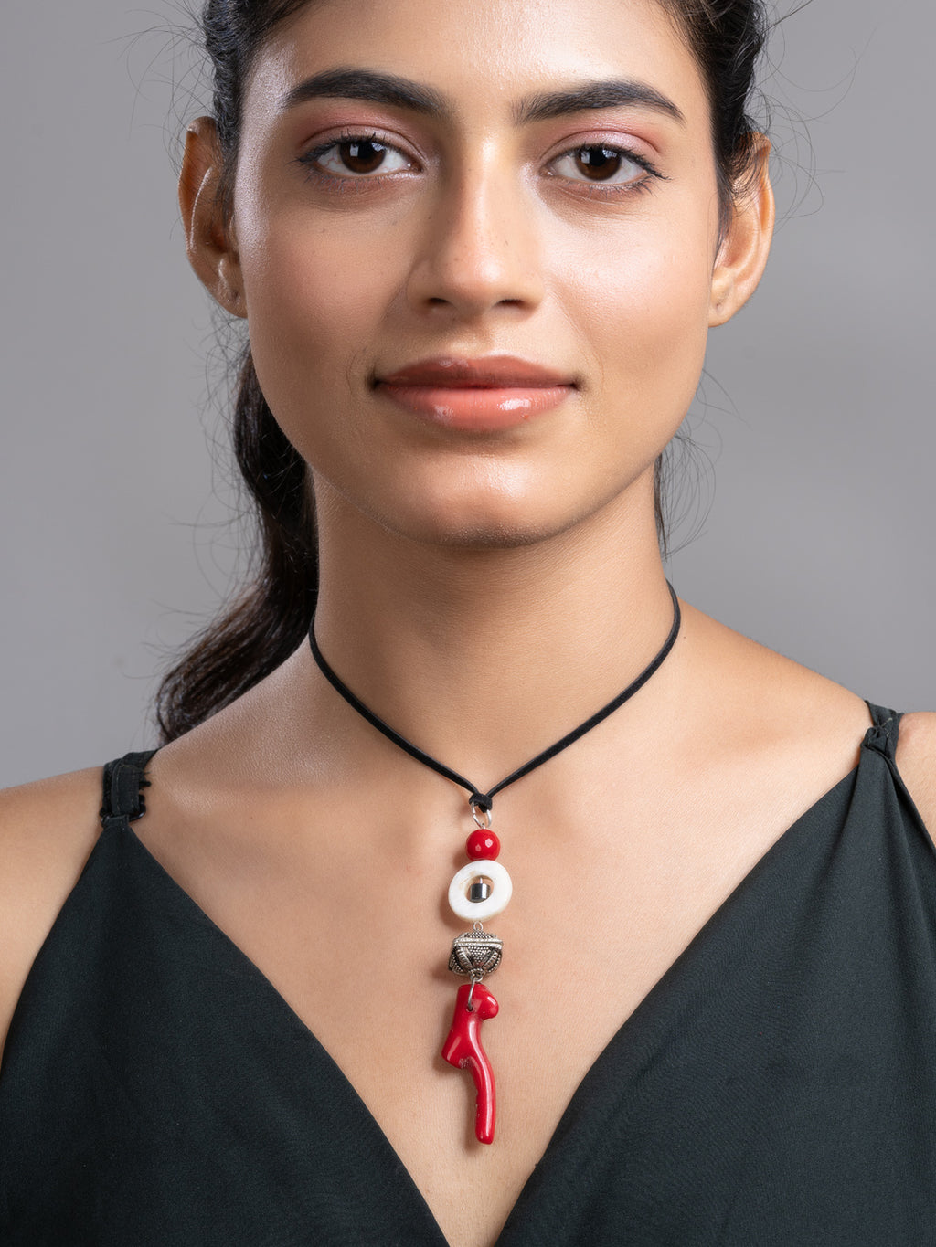 Red Black White Mother Of Pearl Coral Hematite Onyx Sleek Necklace With Adjustable Suede Cord