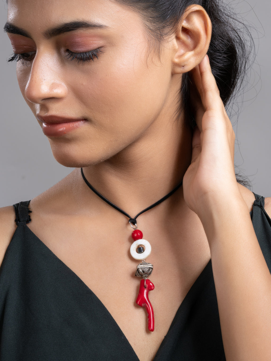 Red Black White Mother Of Pearl Coral Hematite Onyx Sleek Necklace With Adjustable Suede Cord