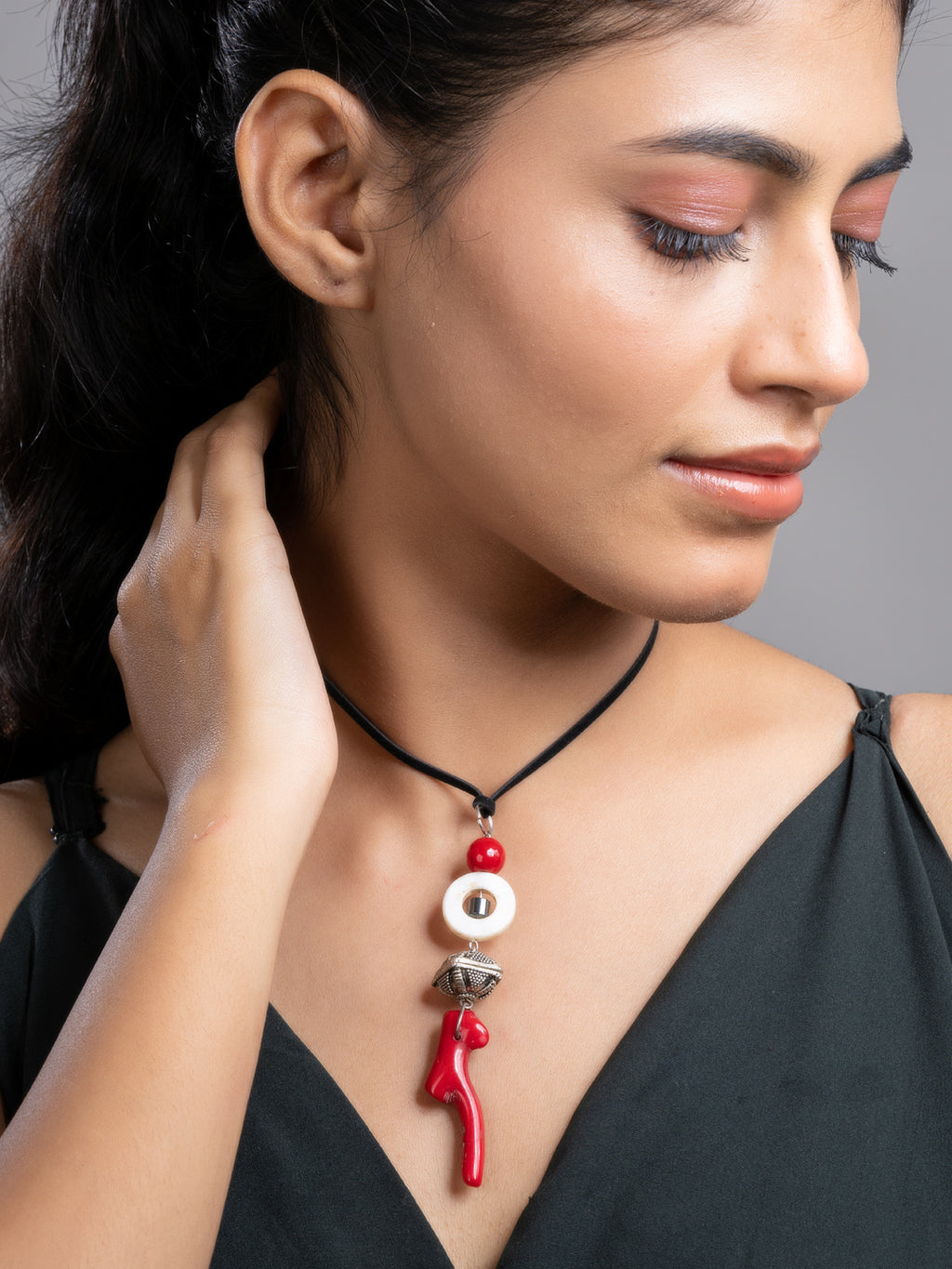 Red Black White Mother Of Pearl Coral Hematite Onyx Sleek Necklace With Adjustable Suede Cord