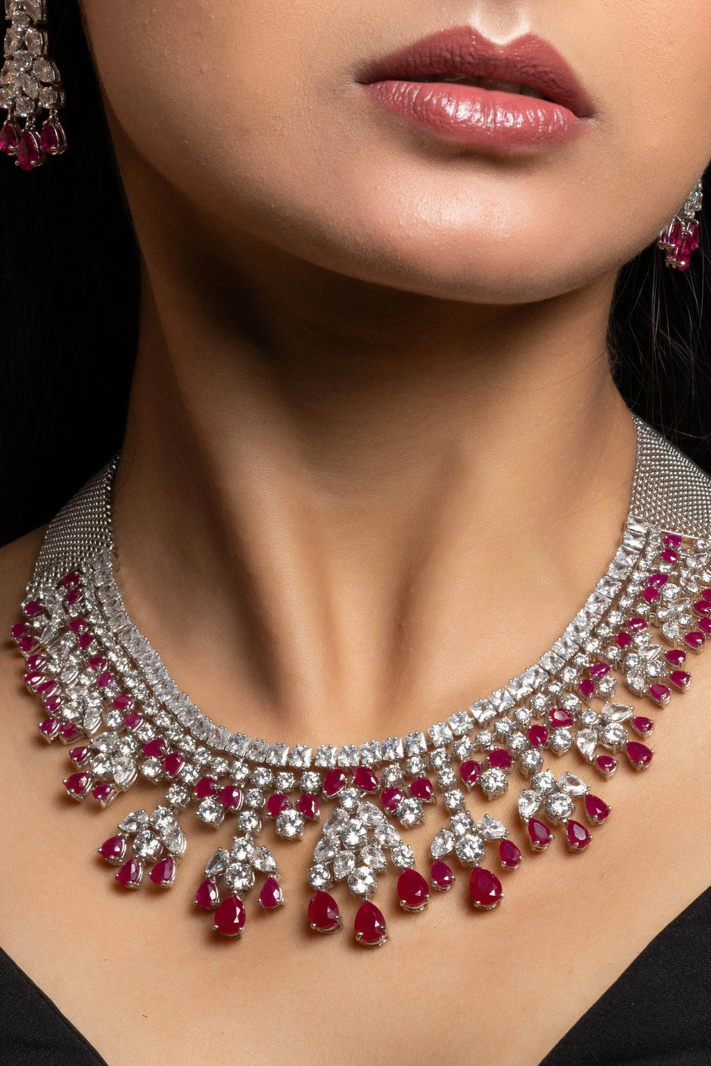 Designer Semi Precious Ruby with American Diamond Sterling Silver Necklace with Earrings Jewellery Set - Lookandadorn.com