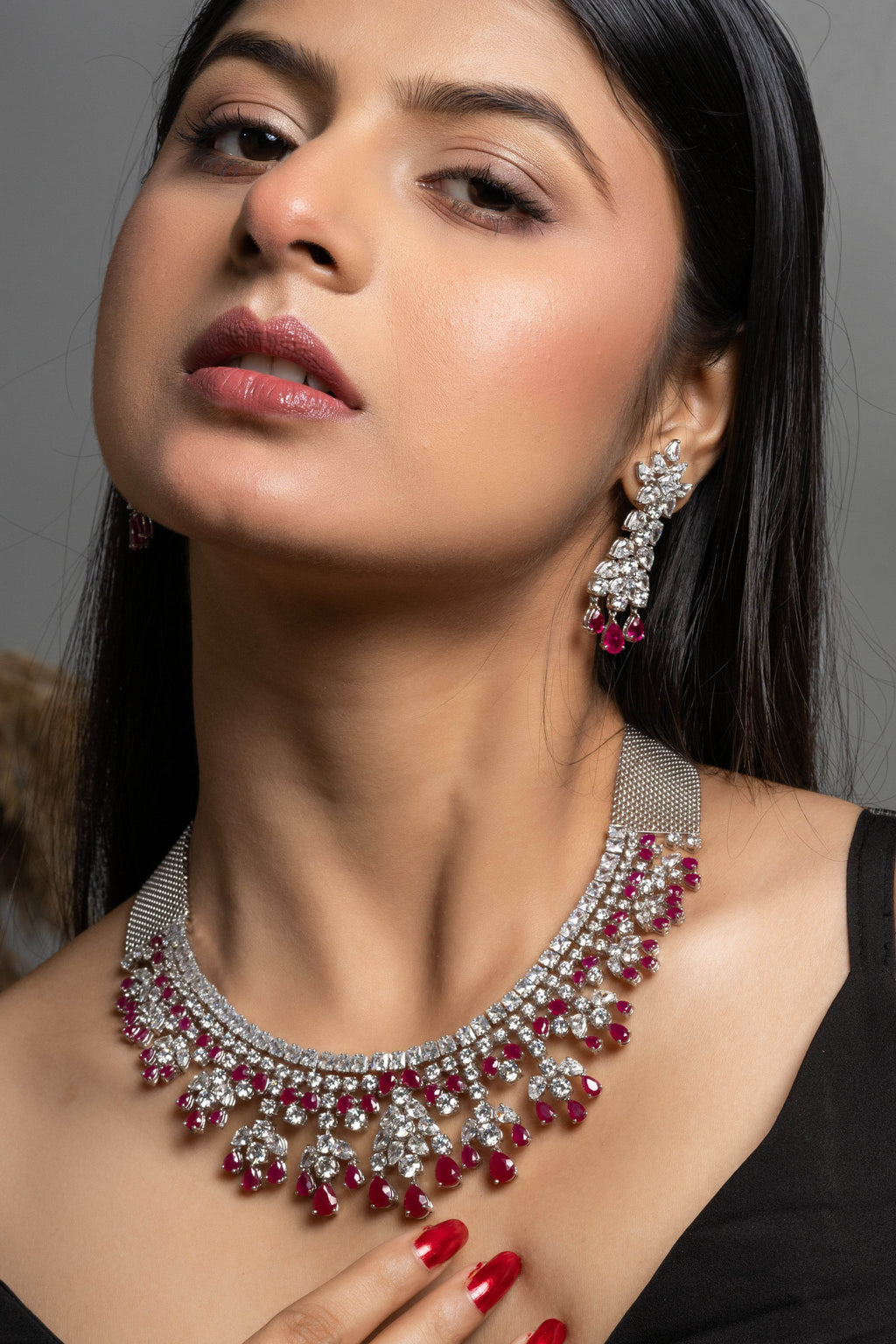 Designer Semi Precious Ruby with American Diamond Sterling Silver Necklace with Earrings Jewellery Set - Lookandadorn.com