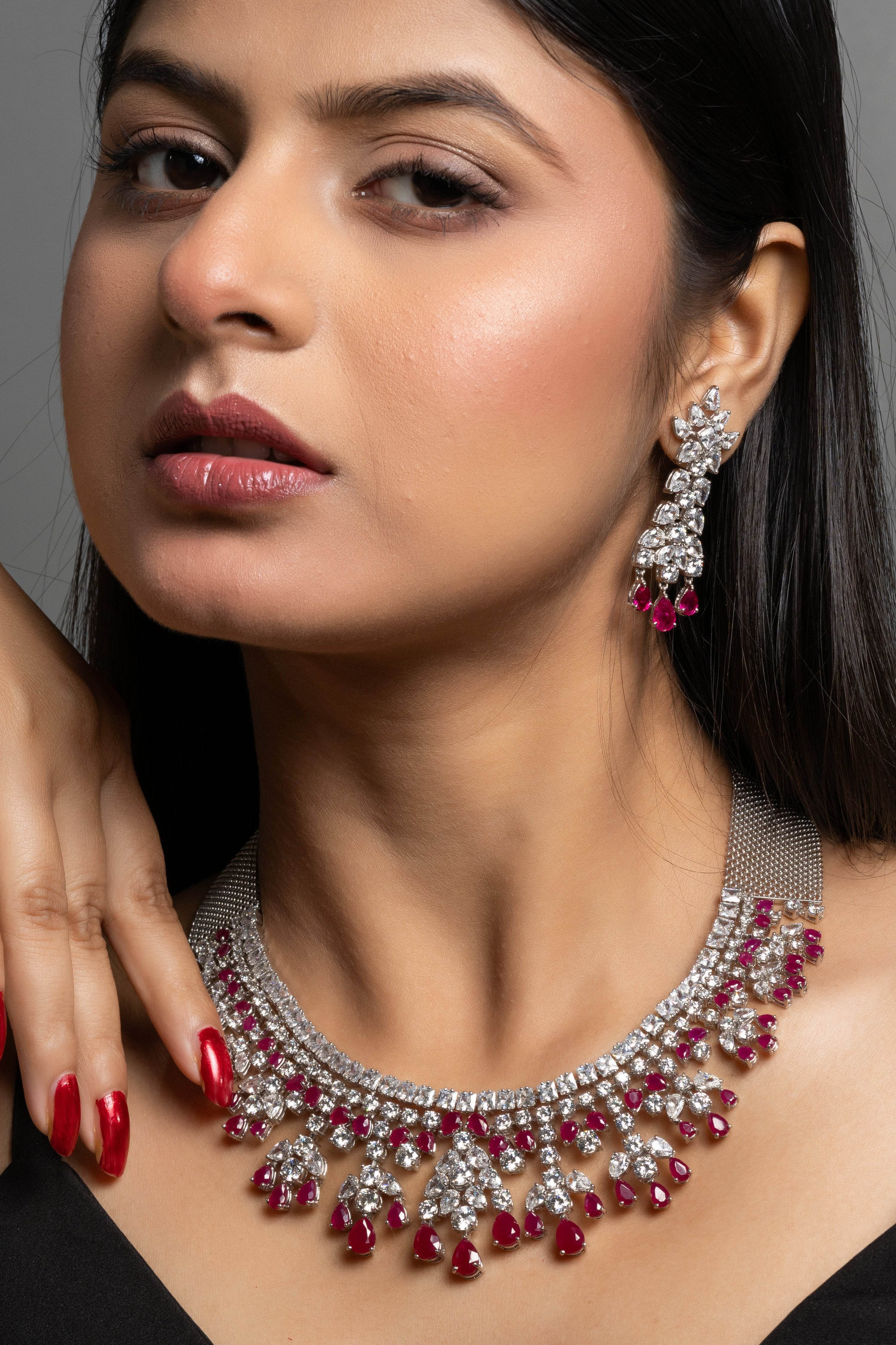 Designer Semi Precious Ruby with American Diamond Sterling Silver Necklace with Earrings Jewellery Set - Lookandadorn.com