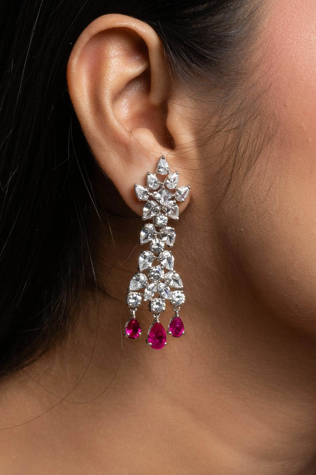 Designer Semi Precious Ruby with American Diamond Sterling Silver Necklace with Earrings Jewellery Set - Lookandadorn.com