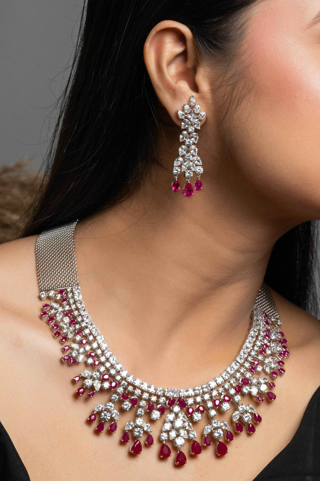 Designer Semi Precious Ruby with American Diamond Sterling Silver Necklace with Earrings Jewellery Set - Lookandadorn.com