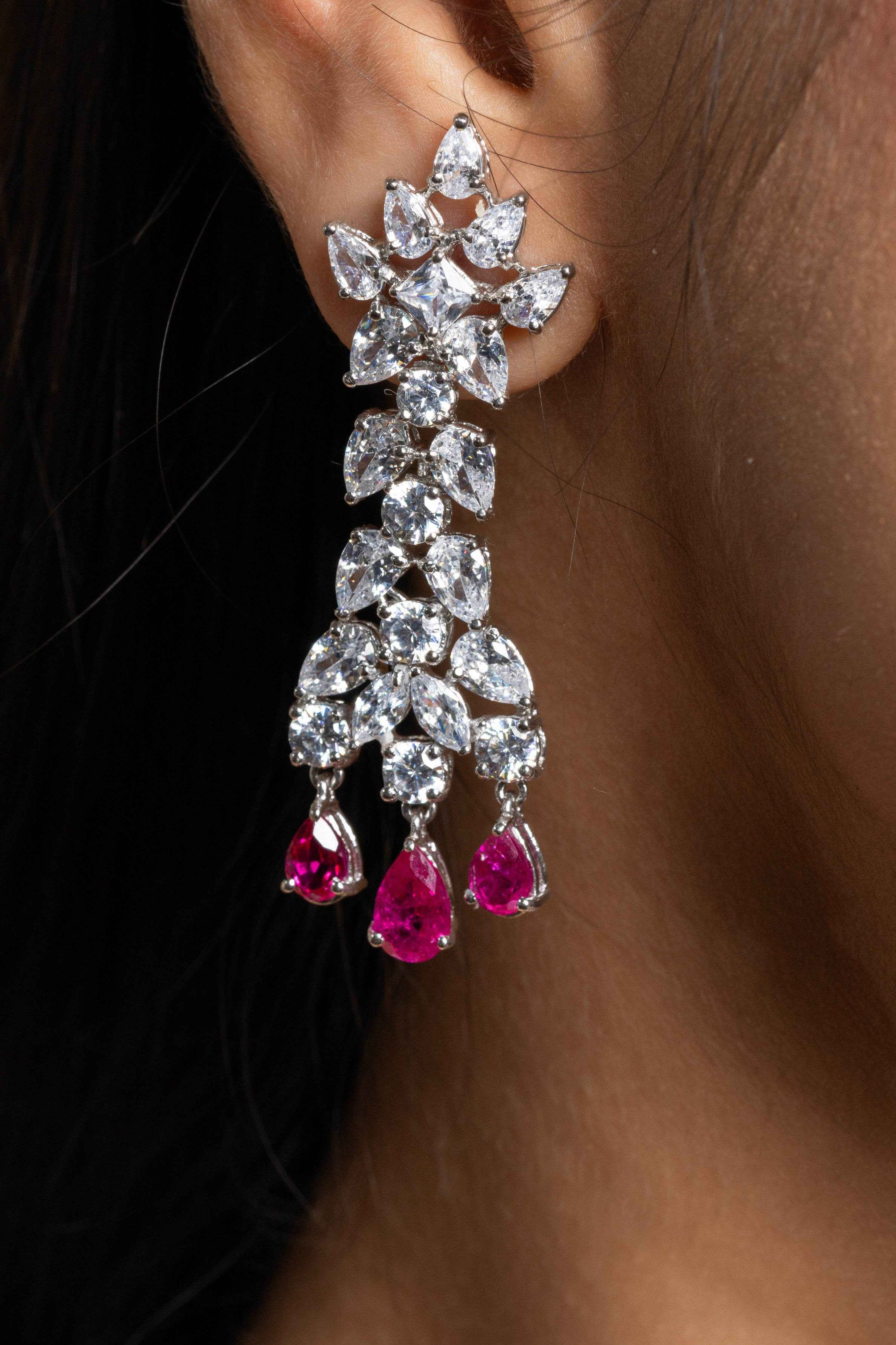 Designer Semi Precious Ruby with American Diamond Sterling Silver Necklace with Earrings Jewellery Set - Lookandadorn.com