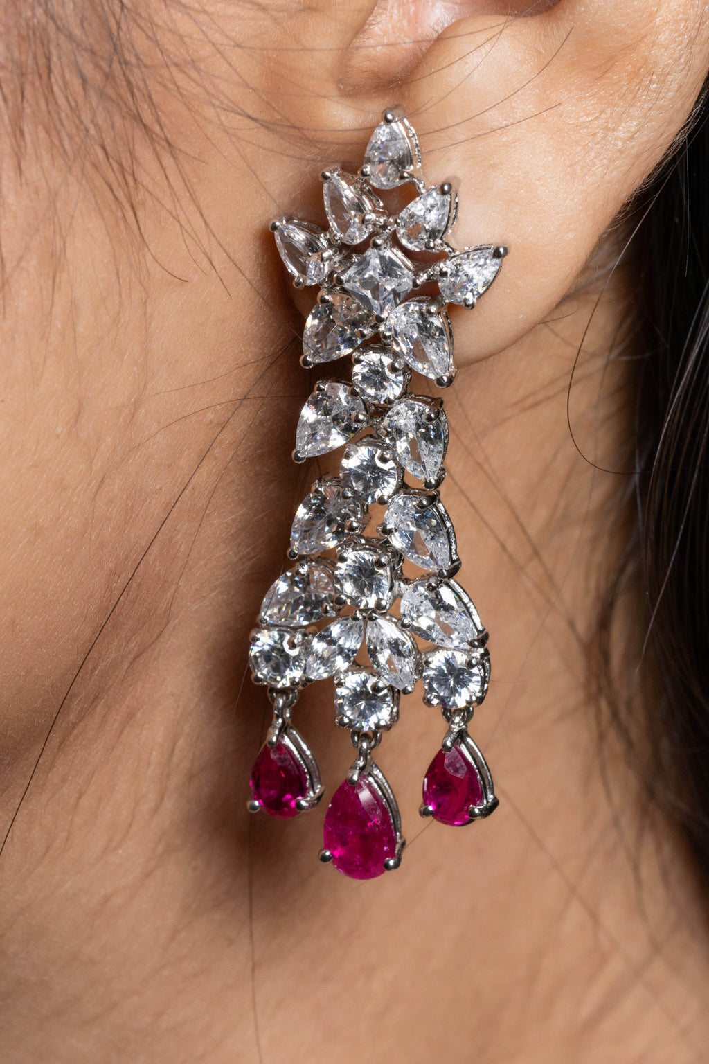 Designer Semi Precious Ruby with American Diamond Sterling Silver Necklace with Earrings Jewellery Set - Lookandadorn.com