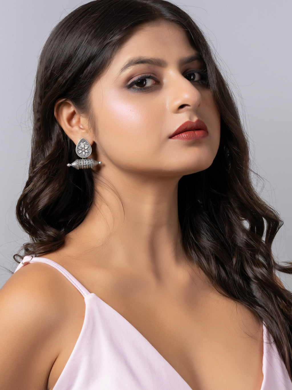 Oxidized Silver Designer Floral Stud Earrings LOOK AND ADORN - designed for you