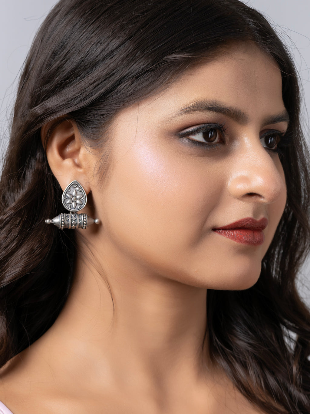 Oxidized Silver Designer Floral Stud Earrings LOOK AND ADORN - designed for you