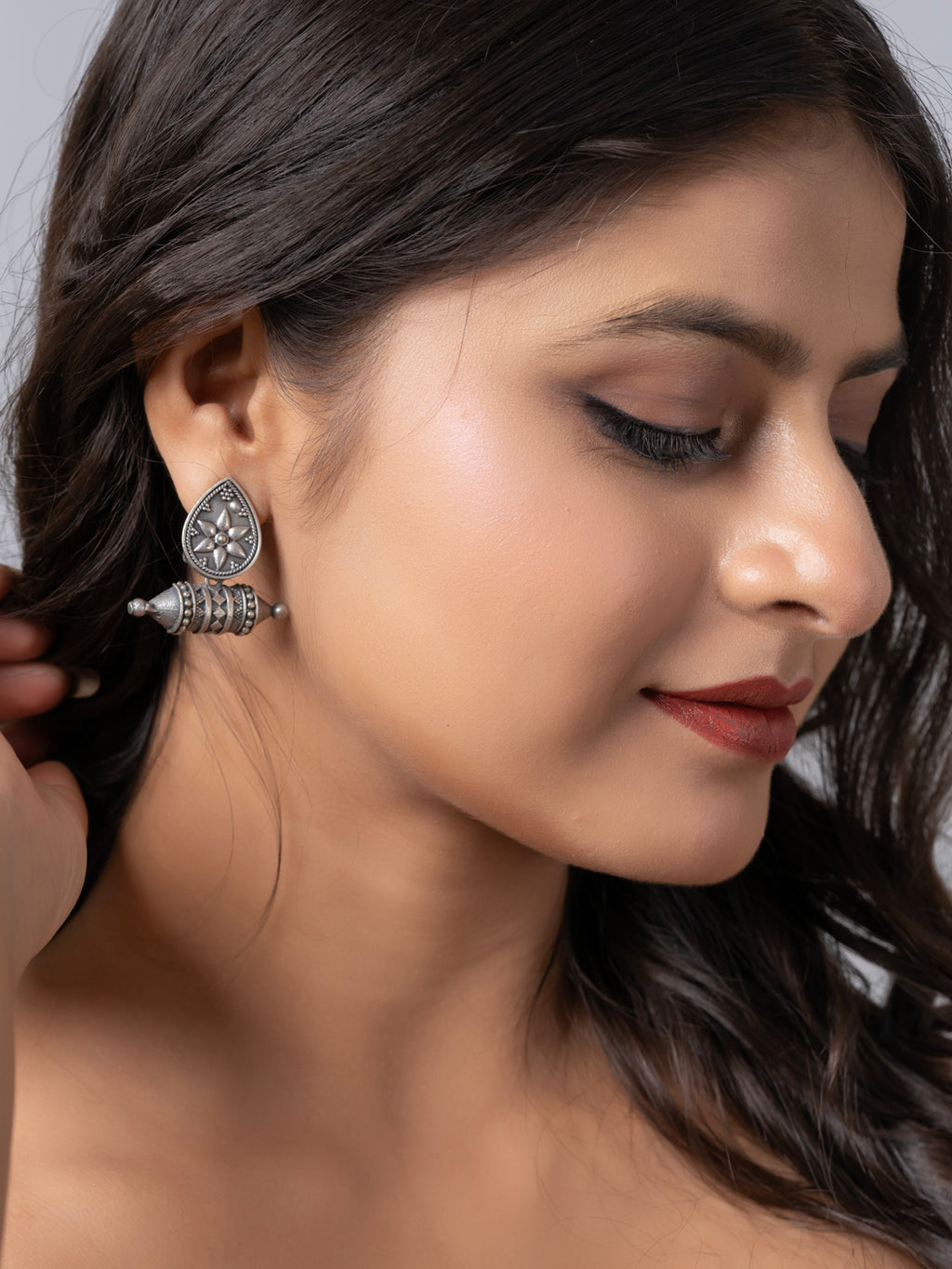 Oxidized Silver Designer Floral Stud Earrings LOOK AND ADORN - designed for you