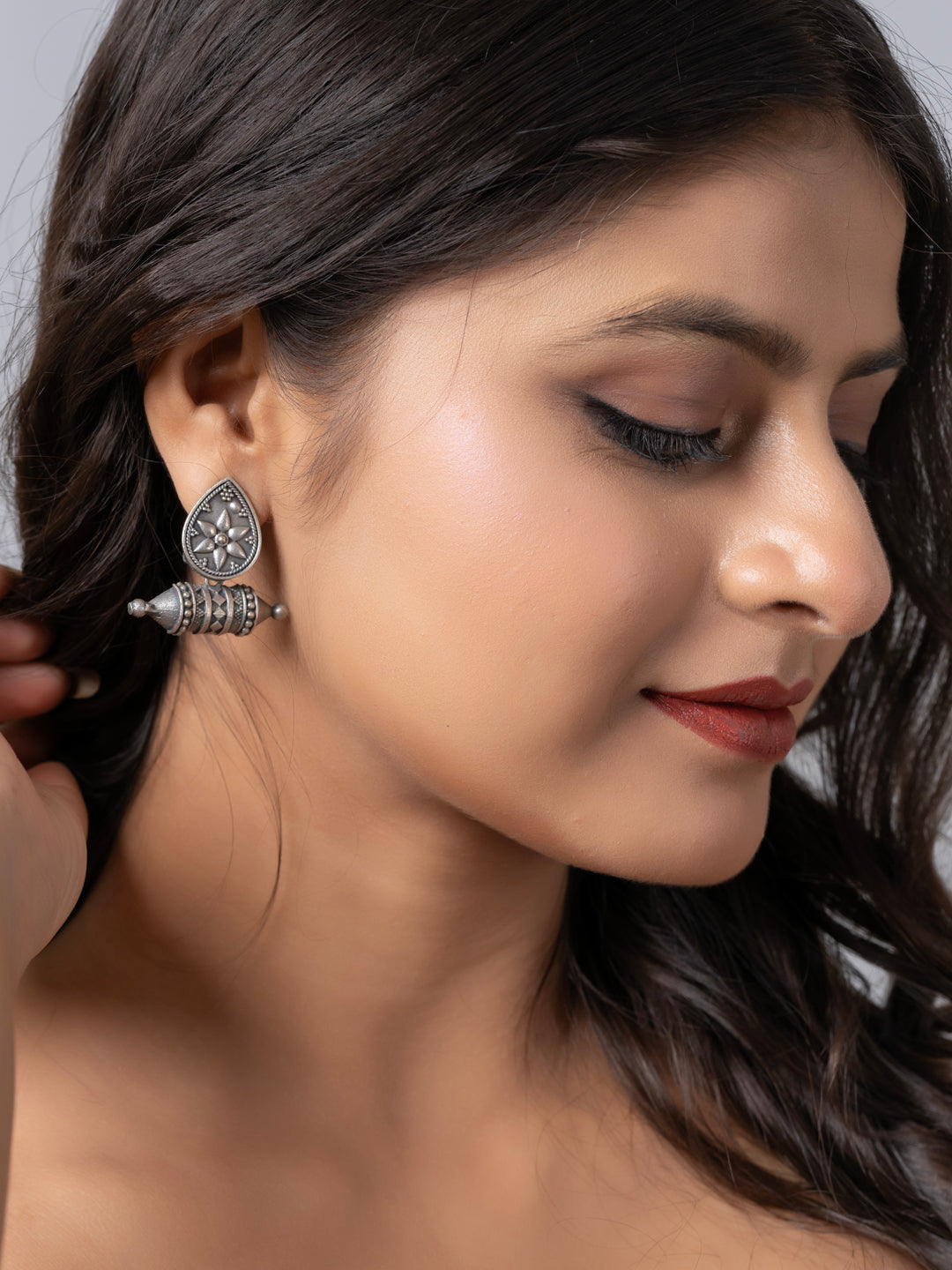 Oxidized Silver Designer Floral Stud Earrings LOOK AND ADORN - designed for you