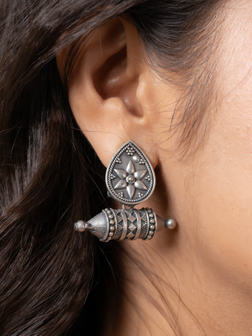 Oxidized Silver Designer Floral Stud Earrings LOOK AND ADORN - designed for you