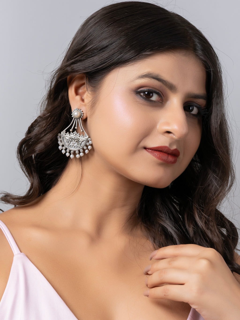 Oxidized Silver Pearl Stud chandbali Earrings LOOK AND ADORN - designed for you