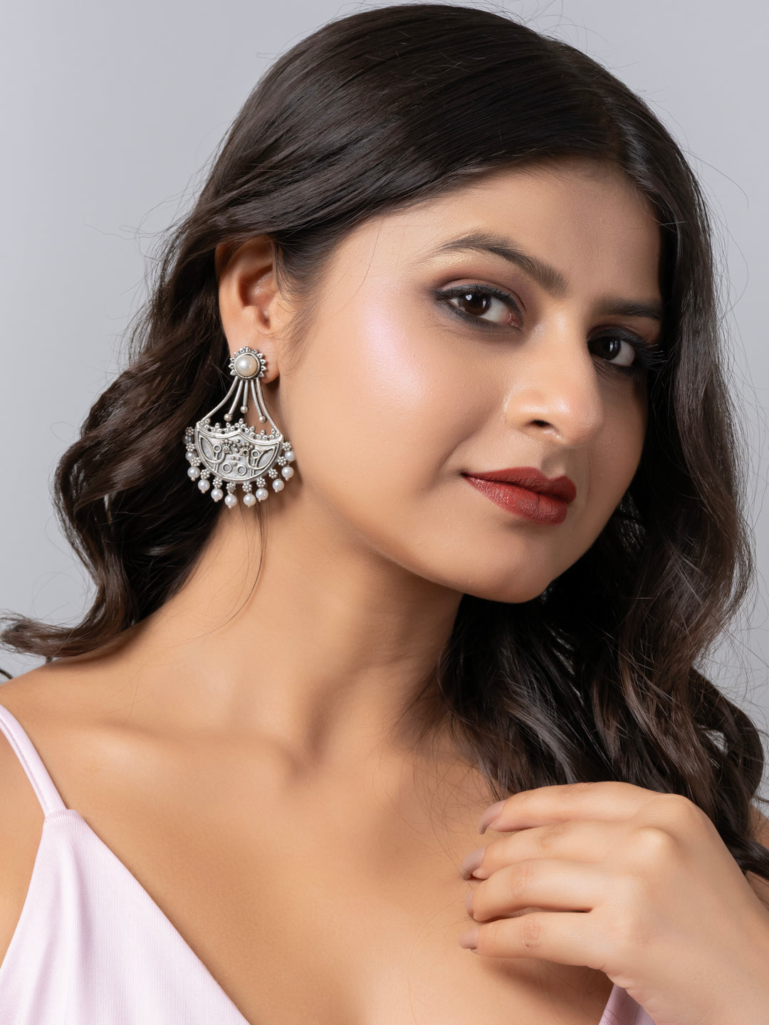Oxidized Silver Pearl Stud chandbali Earrings LOOK AND ADORN - designed for you