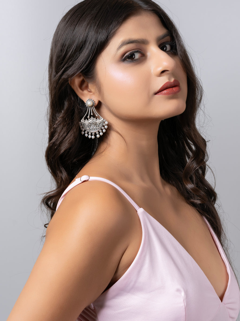 Oxidized Silver Pearl Stud chandbali Earrings LOOK AND ADORN - designed for you