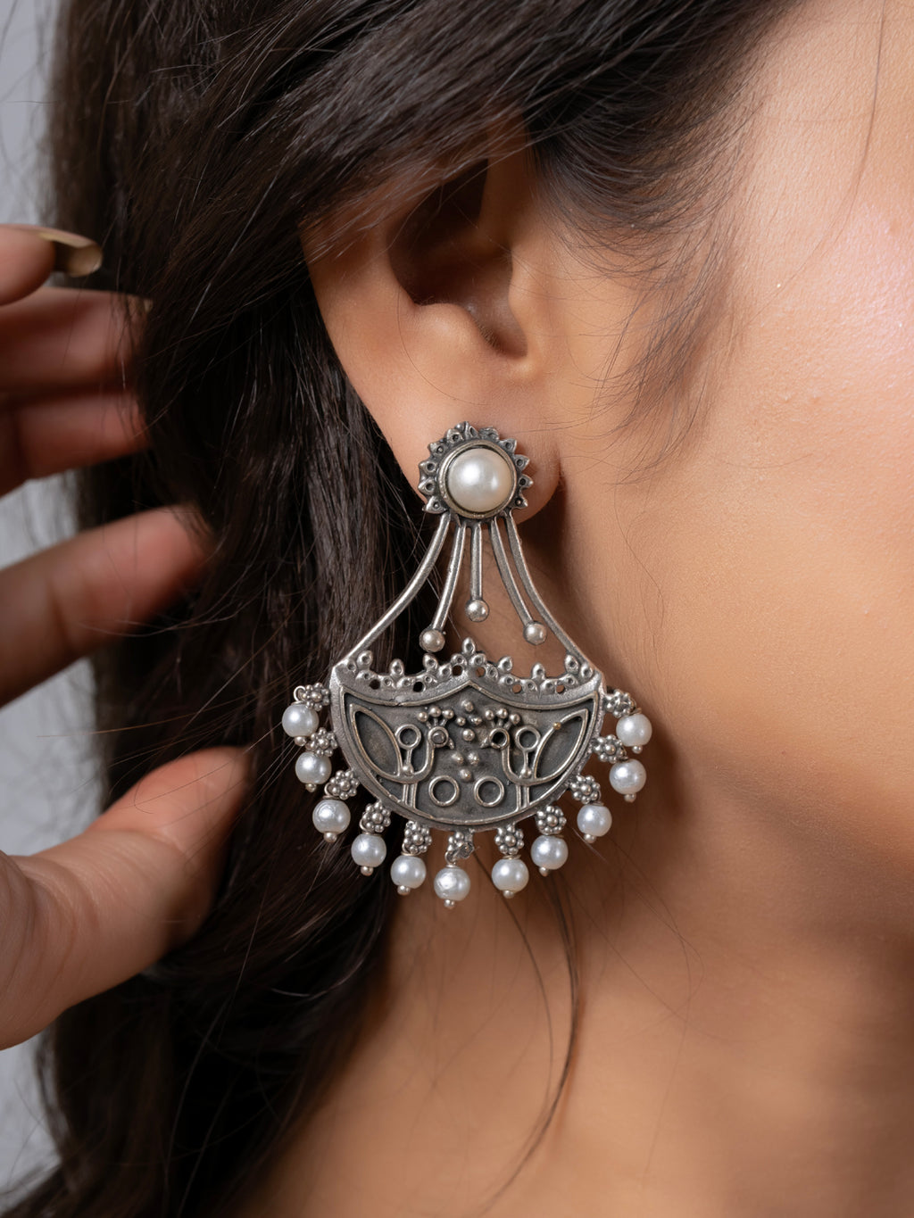 Oxidized Silver Pearl Stud chandbali Earrings LOOK AND ADORN - designed for you