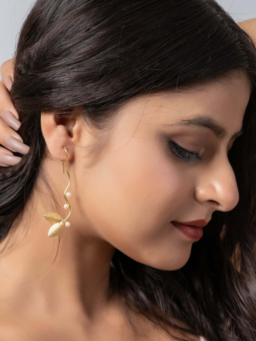 Golden Brass Pearl Leaf Dangler Earring LOOK AND ADORN - designed for you