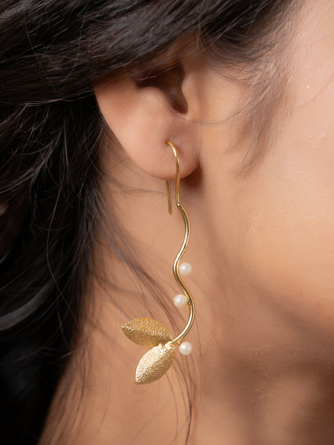 Golden Brass Pearl Leaf Dangler Earring LOOK AND ADORN - designed for you