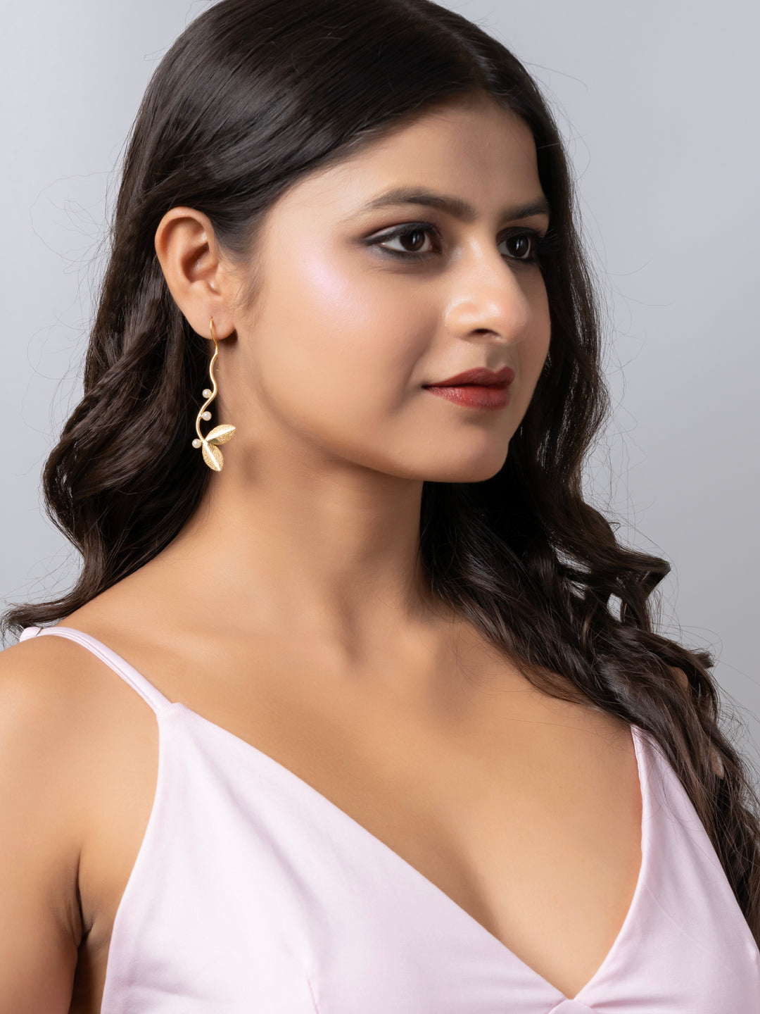 Golden Brass Pearl Leaf Dangler Earring LOOK AND ADORN - designed for you