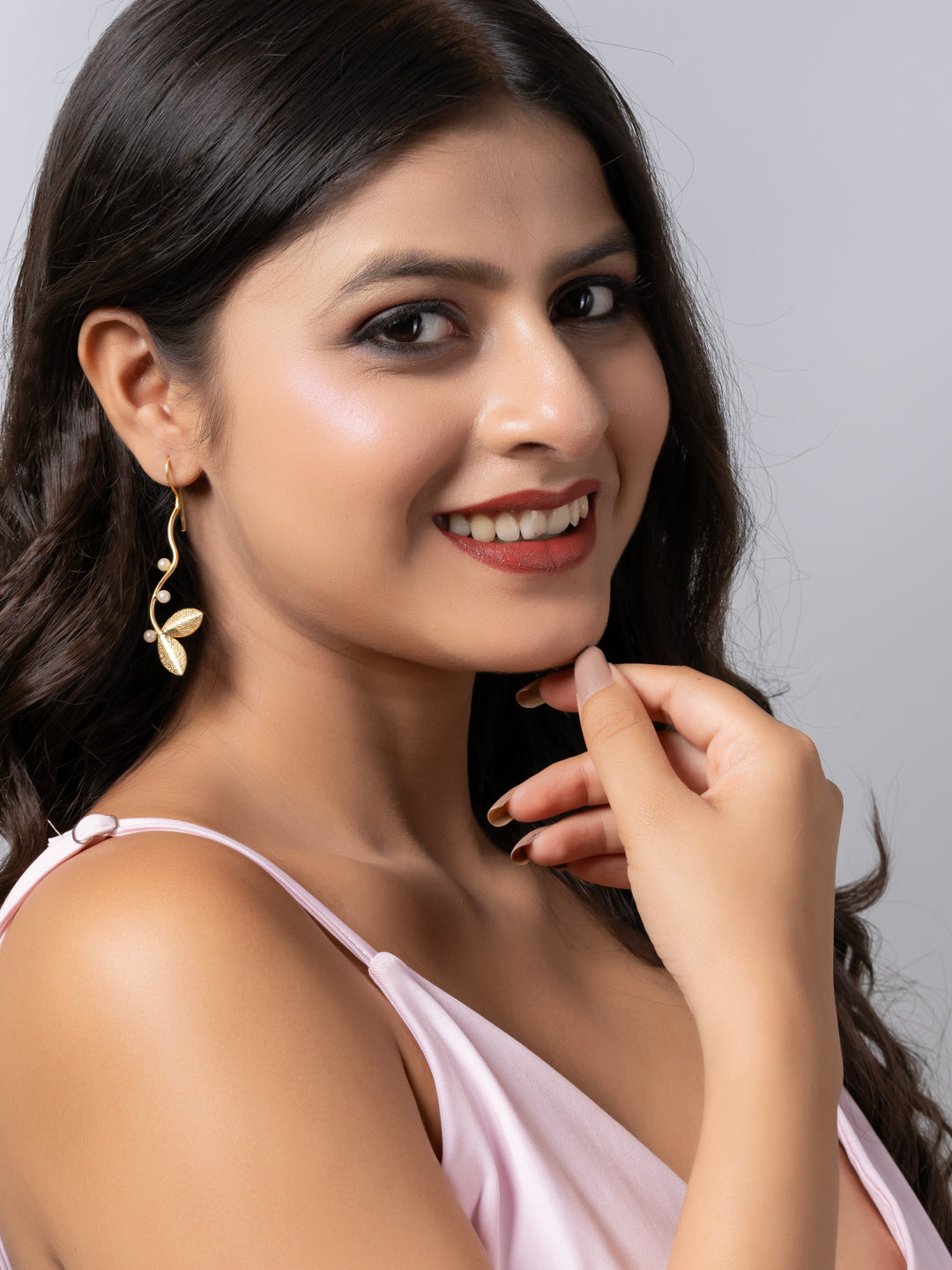 Golden Brass Pearl Leaf Dangler Earring LOOK AND ADORN - designed for you