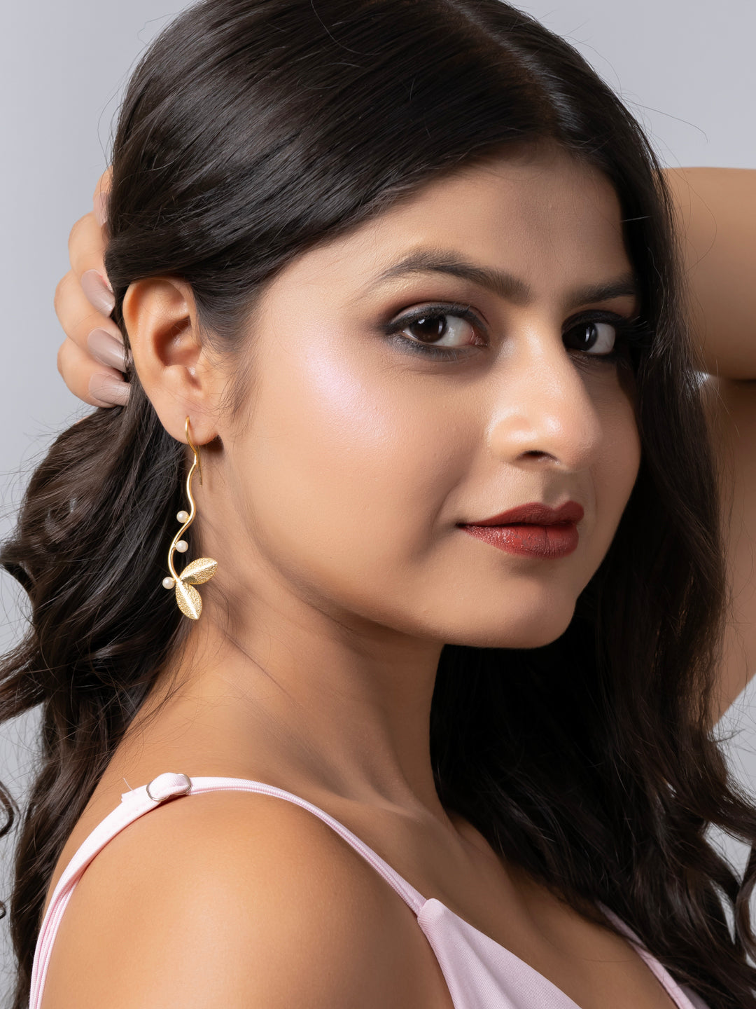 Golden Brass Pearl Leaf Dangler Earring LOOK AND ADORN - designed for you