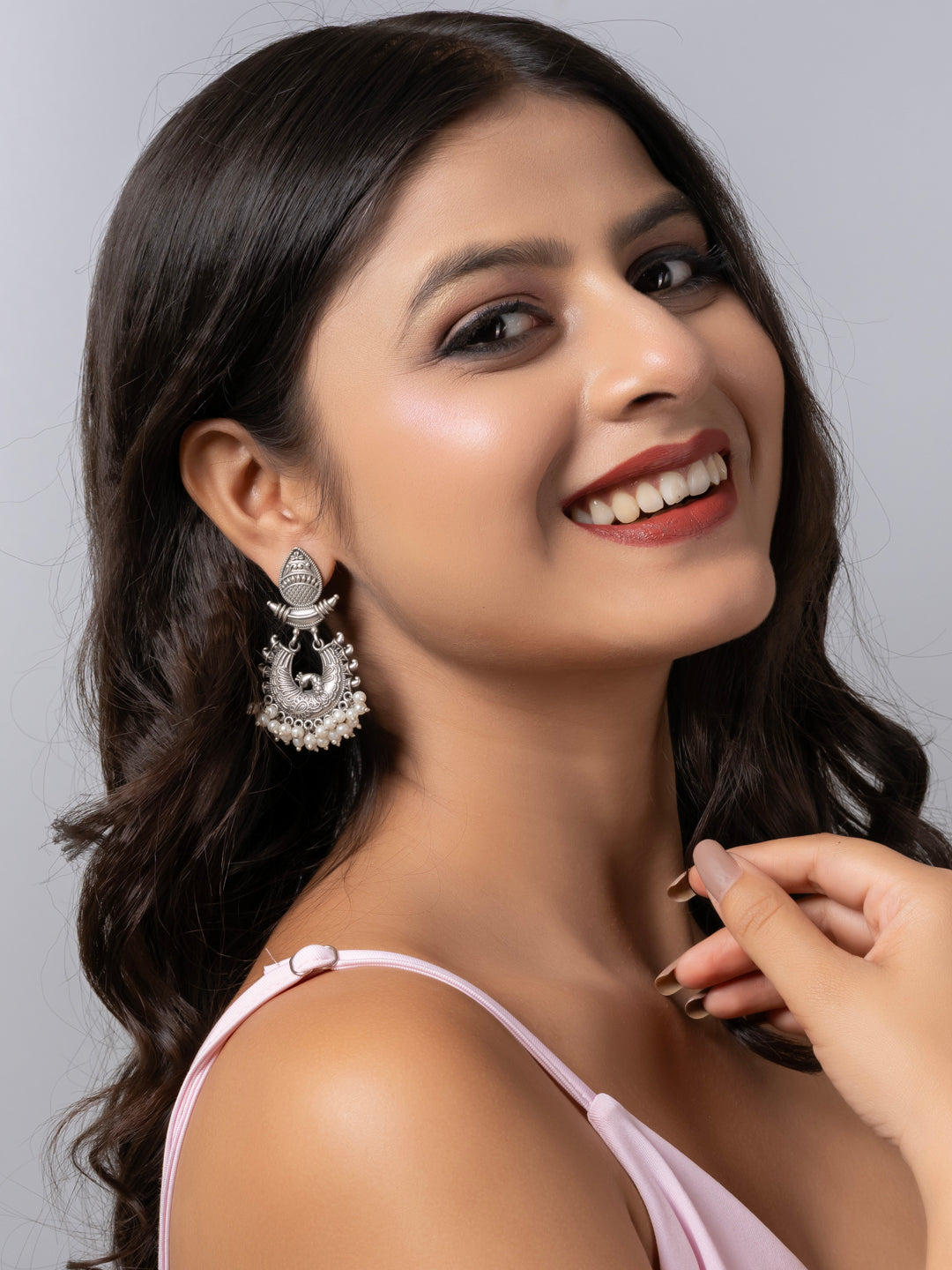 Oxidized Silver Pearl Designer  Peacock Stud Chandbali Earrings LOOK AND ADORN - designed for you