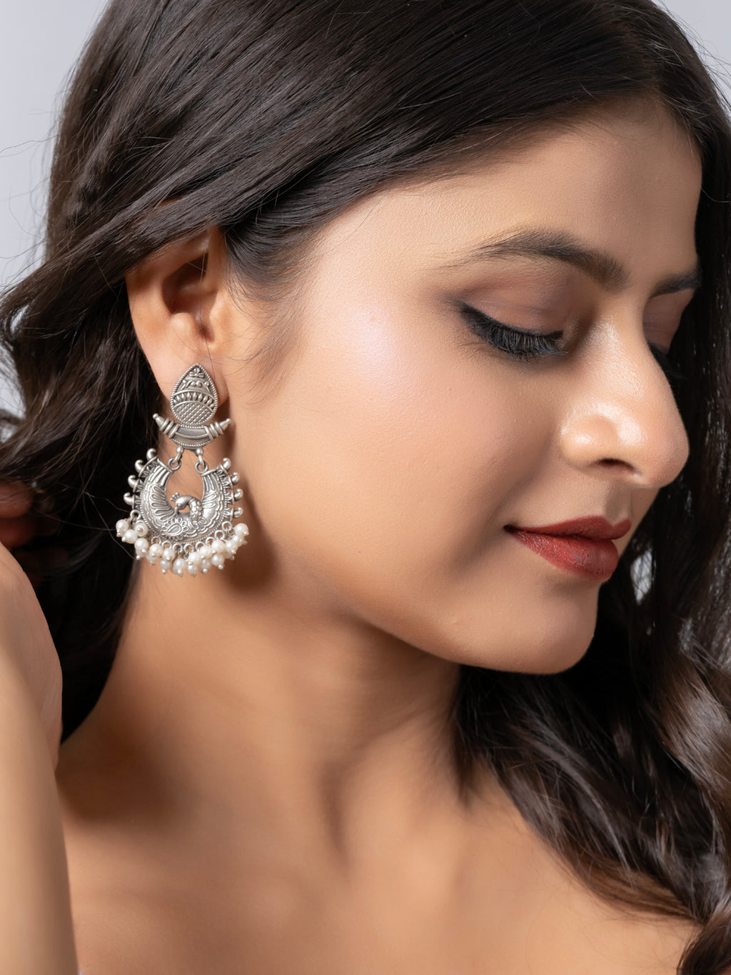 Oxidized Silver Pearl Designer  Peacock Stud Chandbali Earrings LOOK AND ADORN - designed for you