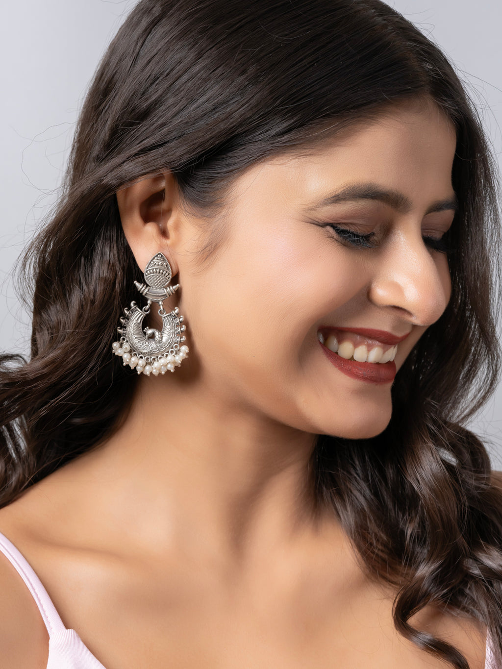 Oxidized Silver Pearl Designer  Peacock Stud Chandbali Earrings LOOK AND ADORN - designed for you