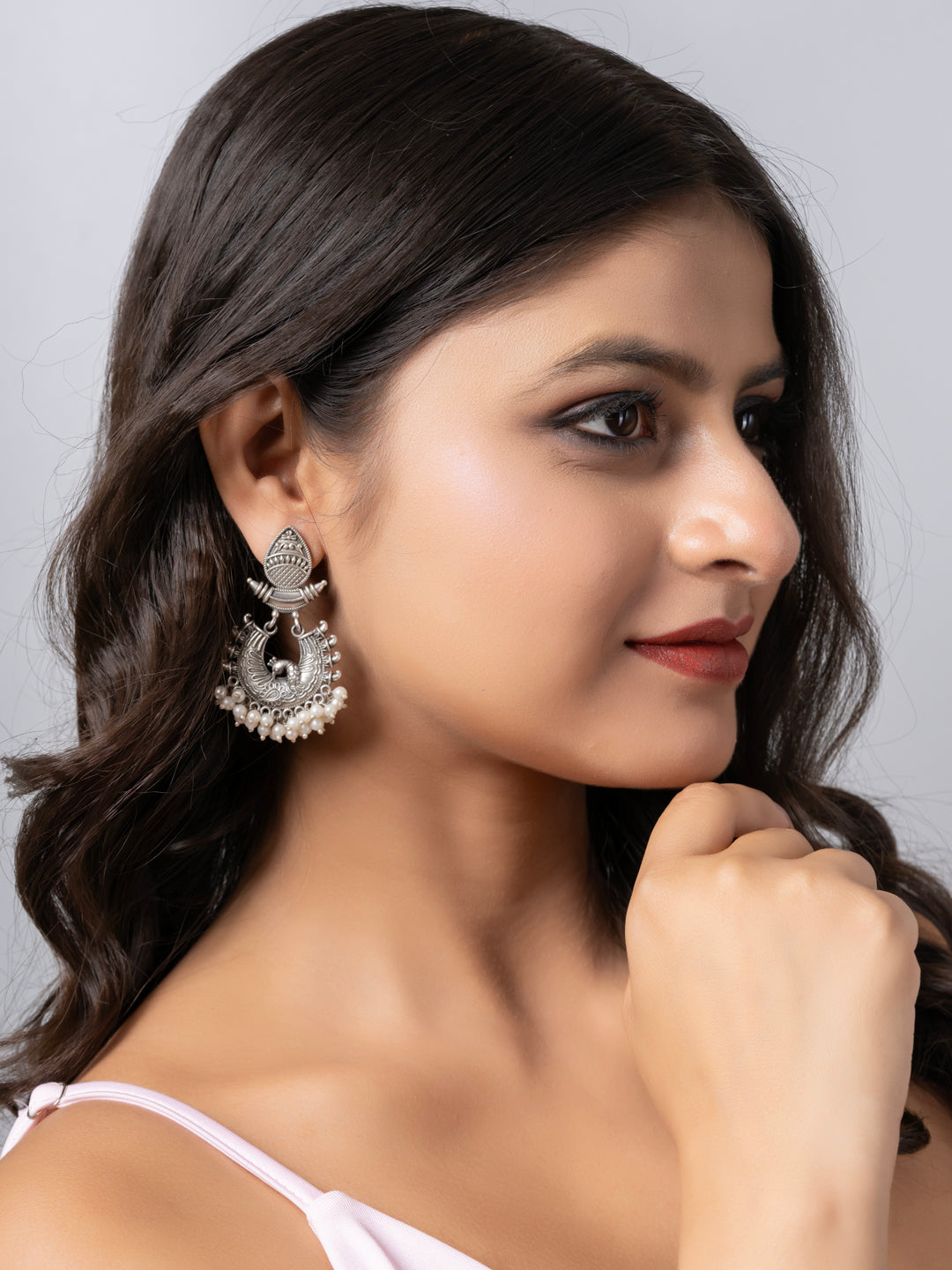Oxidized Silver Pearl Designer  Peacock Stud Chandbali Earrings LOOK AND ADORN - designed for you