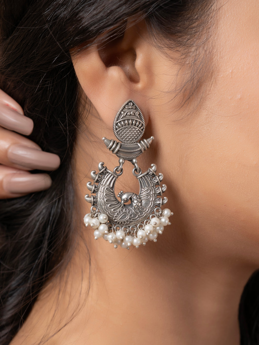 Oxidized Silver Pearl Designer  Peacock Stud Chandbali Earrings LOOK AND ADORN - designed for you