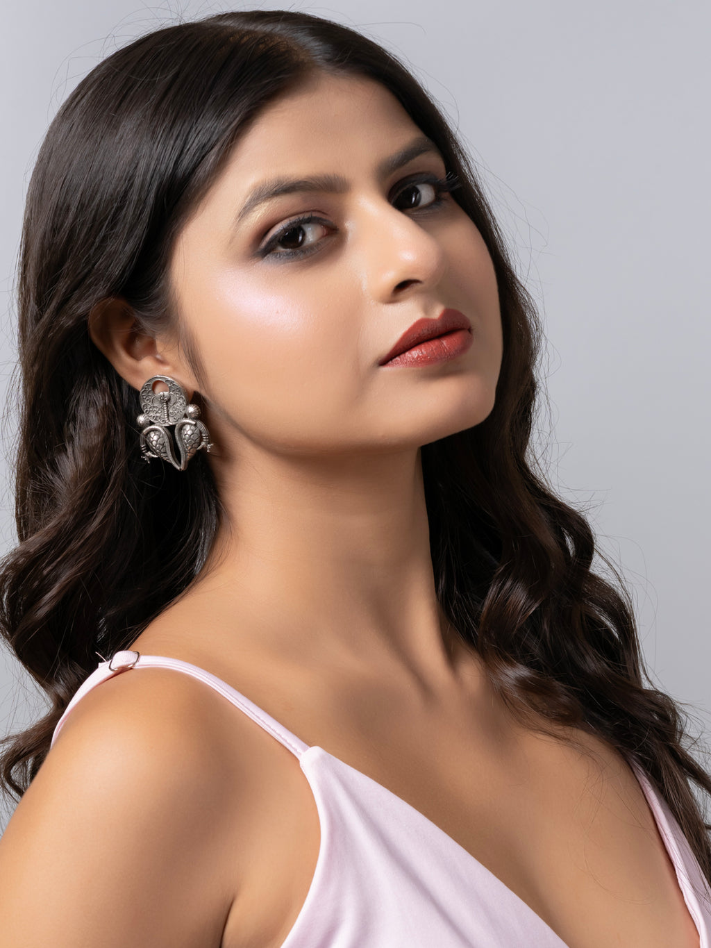 Oxidized Silver Dual Peacock Designer Stud Earring LOOK AND ADORN - designed for you
