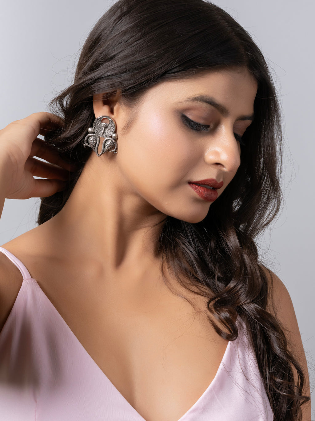 Oxidized Silver Dual Peacock Designer Stud Earring LOOK AND ADORN - designed for you