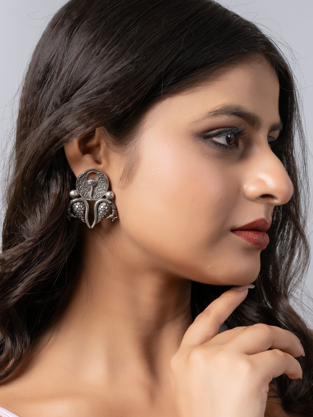 Oxidized Silver Dual Peacock Designer Stud Earring LOOK AND ADORN - designed for you