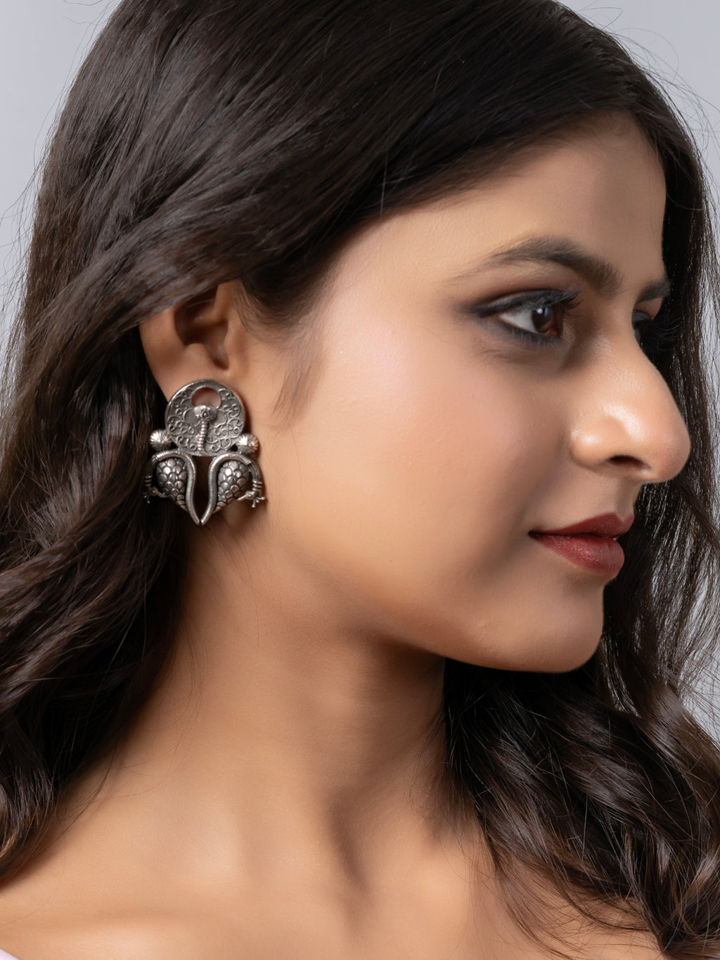 Oxidized Silver Dual Peacock Designer Stud Earring LOOK AND ADORN - designed for you