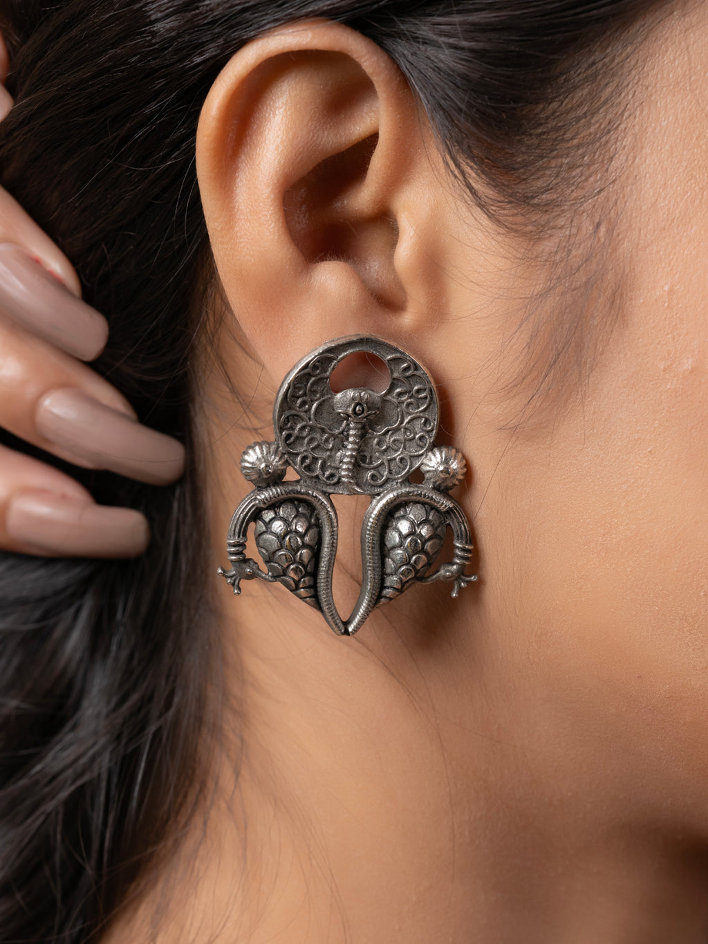 Oxidized Silver Dual Peacock Designer Stud Earring LOOK AND ADORN - designed for you