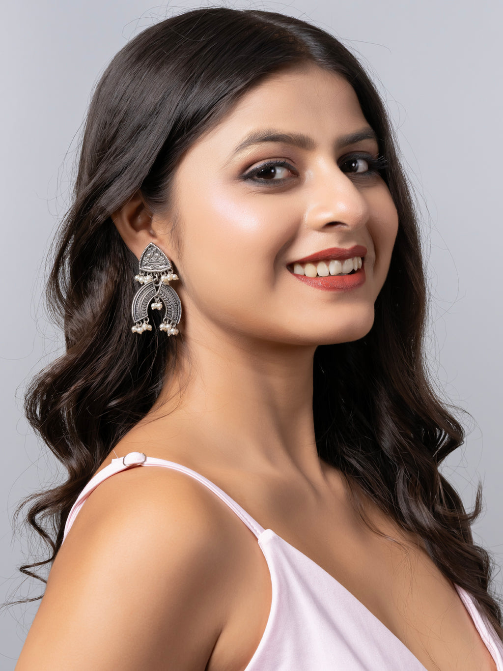 Oxidized Silver Pearl Designer Stud Chandbali Earring LOOK AND ADORN - designed for you